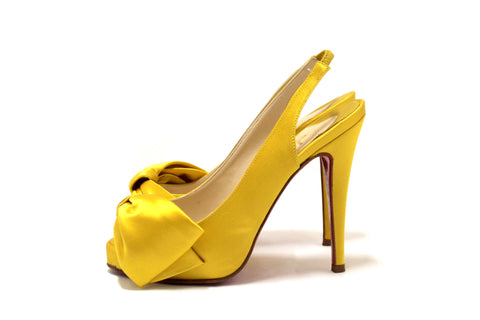 Authentic Christian Louboutin Yellow Satin Bow T Dorcet Peep Toe Pumps Size 35