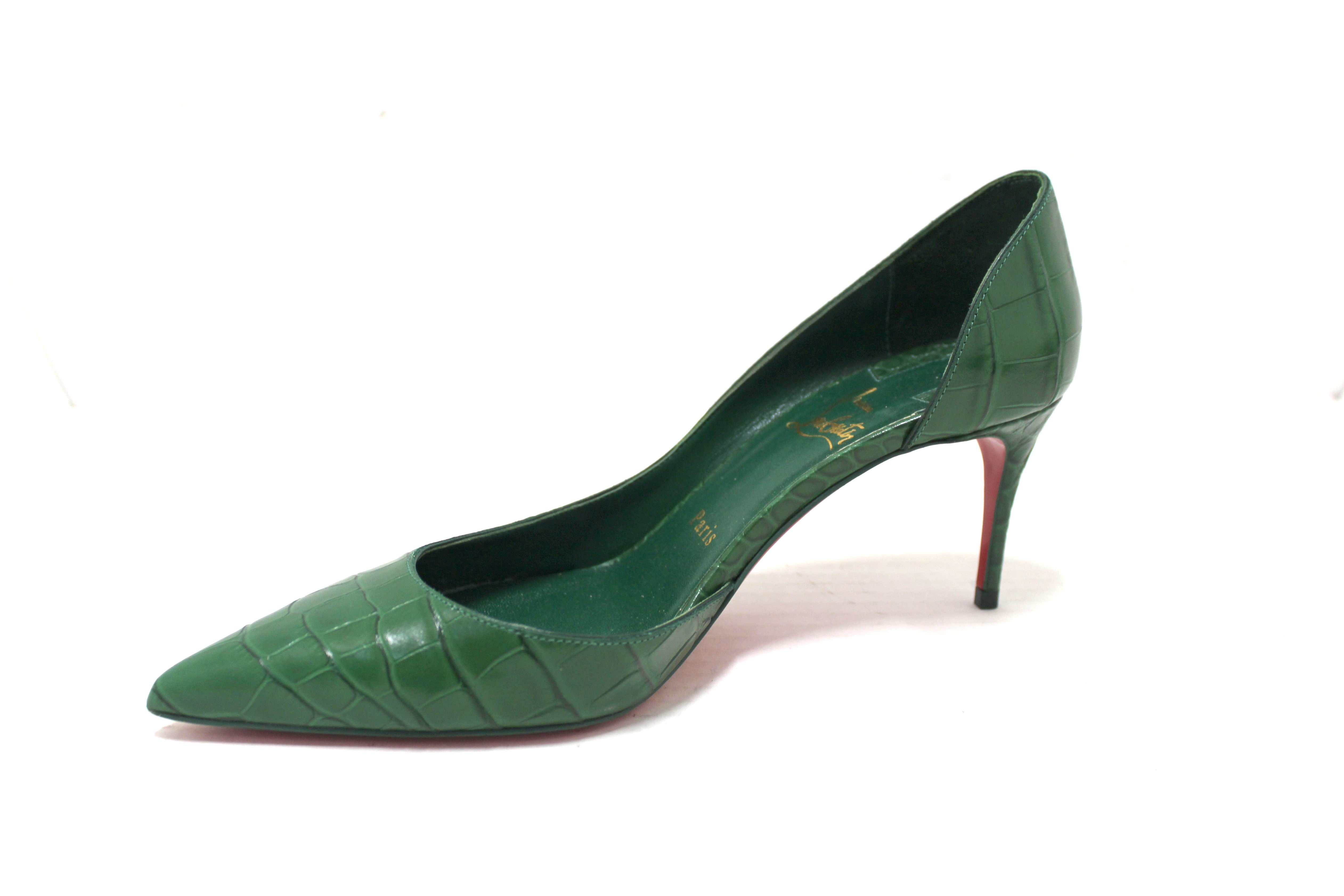 Authentic Christian Louboutin Green Crocodile Leather Pointed Toe Stiletto Heel size 38.5