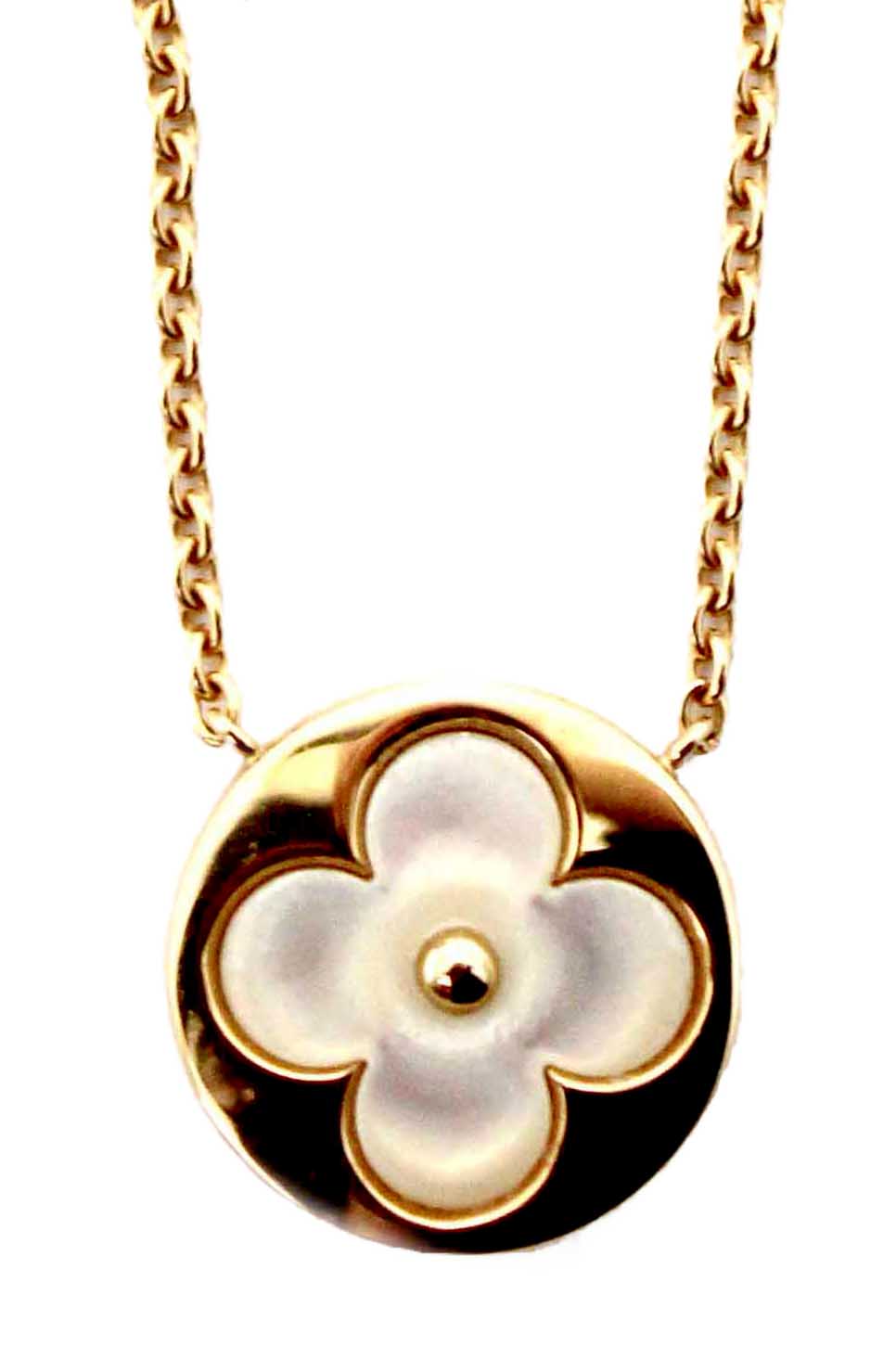 Authentic Louis Vuitton Pink Gold and White Mother-Of-Pearl Color Blossom Sun Pendant Necklace