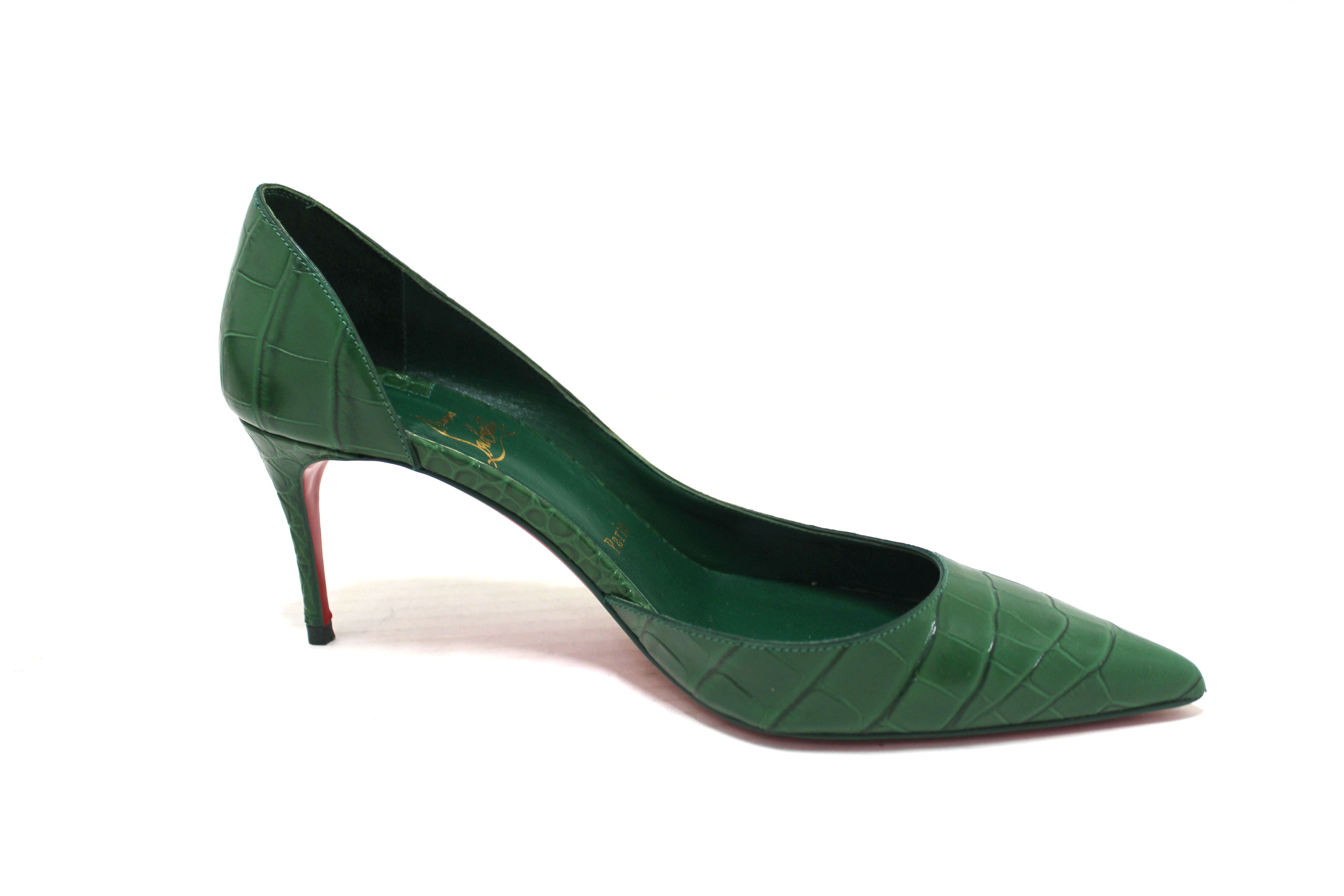 Authentic Christian Louboutin Green Crocodile Leather Pointed Toe Stiletto Heel size 38.5