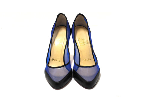 Authentic Christian Louboutin Galativi Black Leather and Blue Mesh Pointed Toe Stiletto Heel Size 34.5