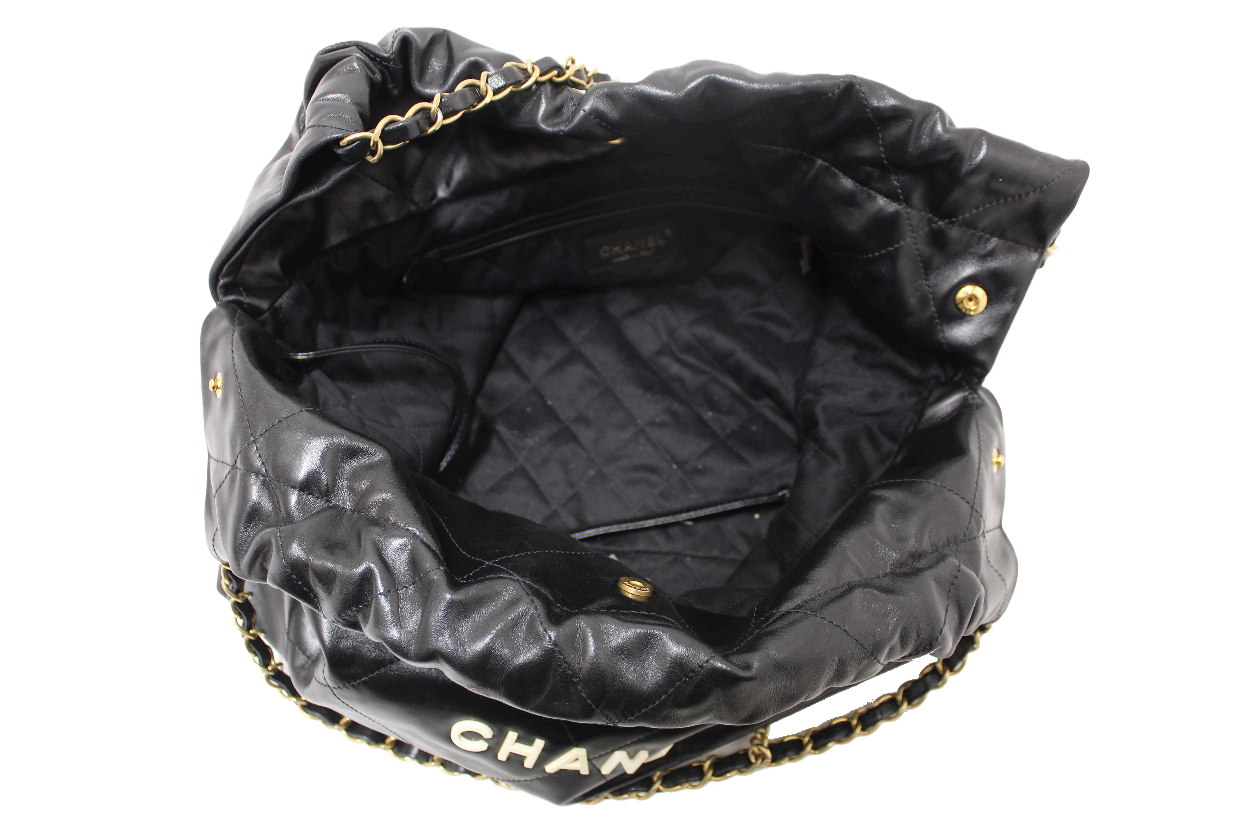 Authentic Chanel 22 Black Shiny Calfskin Leather Shoulder Tote Bag
