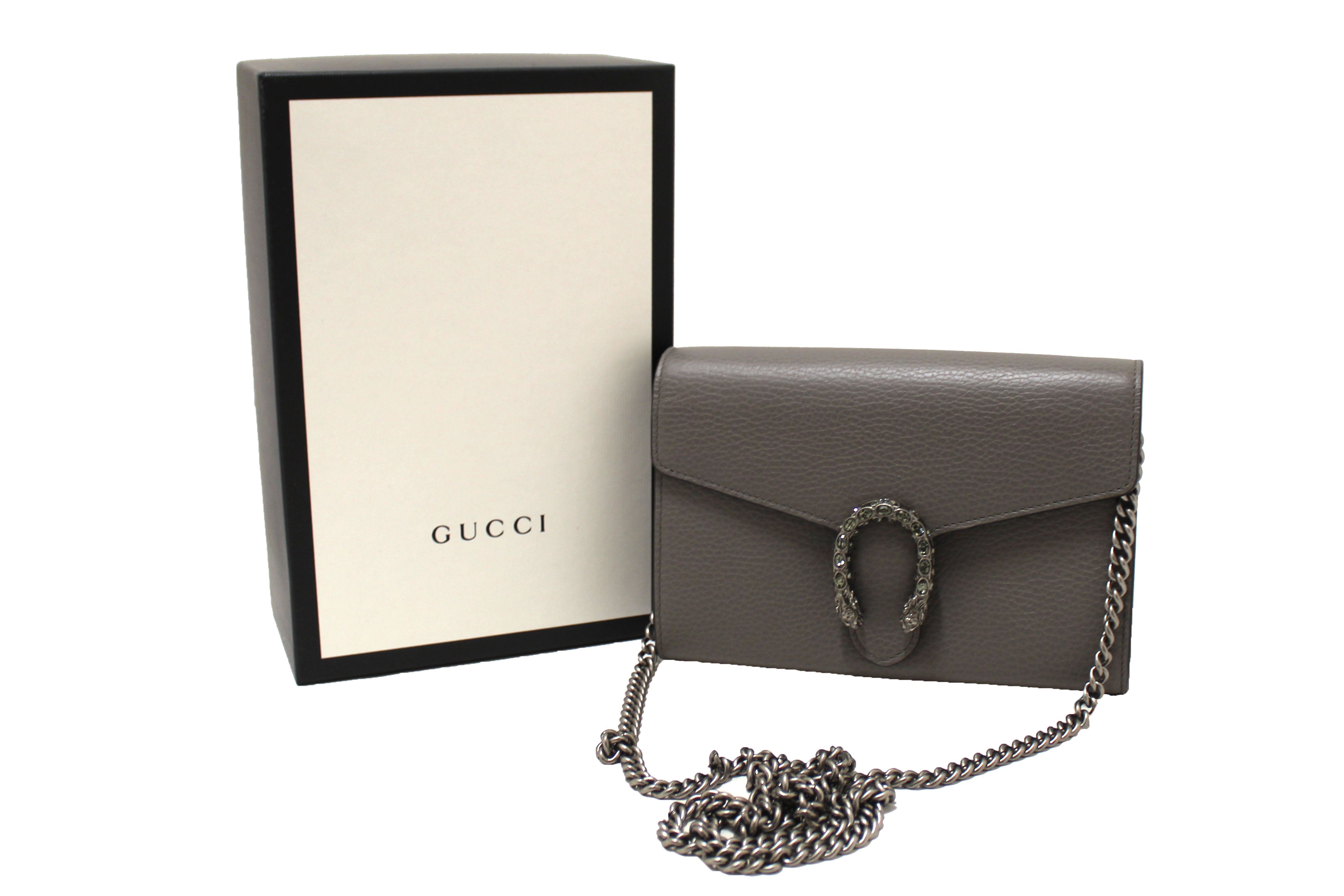 Authentic NEW Gucci Grey Leather Dionysus Mini Chain Wallet