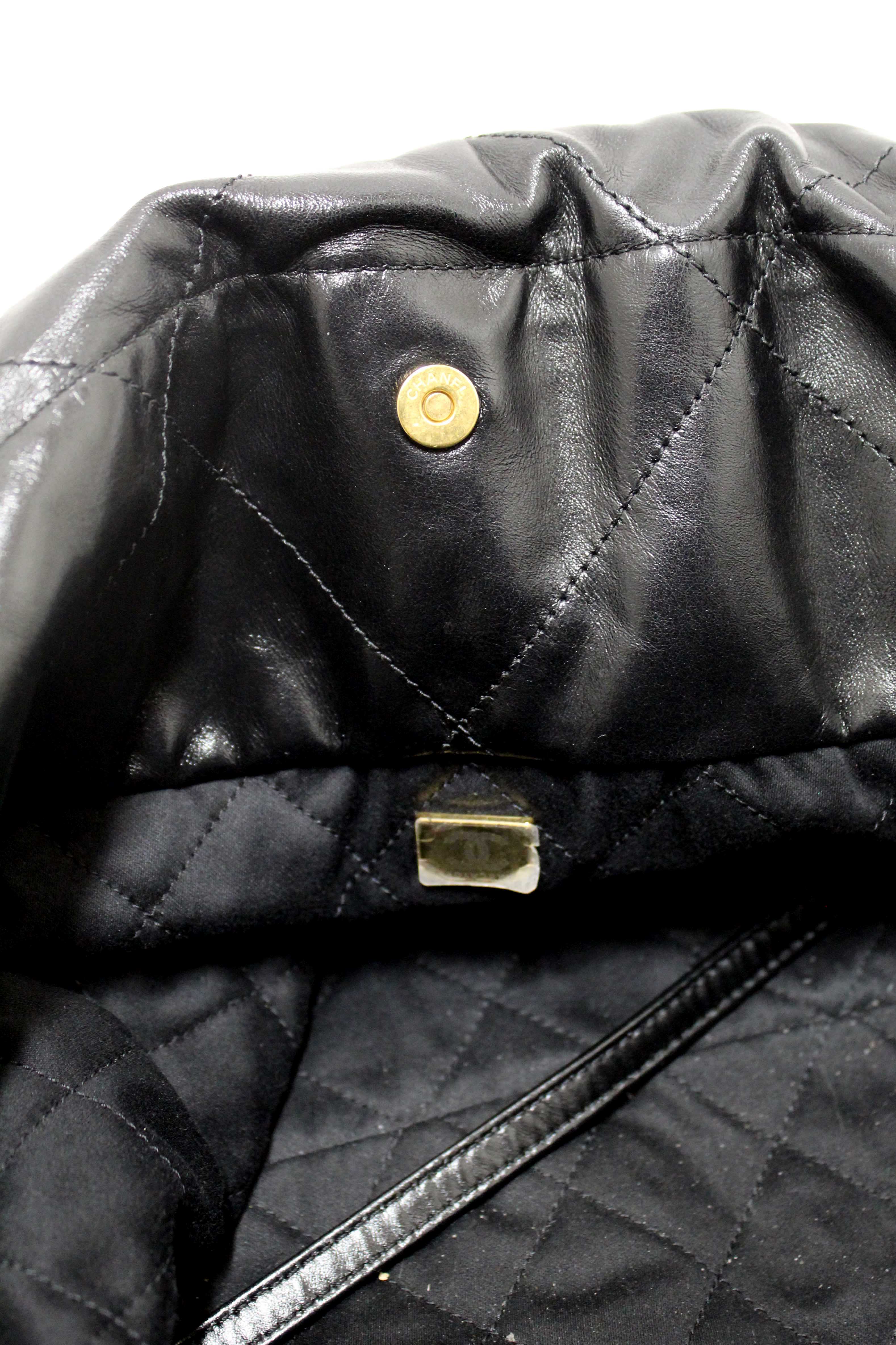 Authentic Chanel 22 Black Shiny Calfskin Leather Shoulder Tote Bag