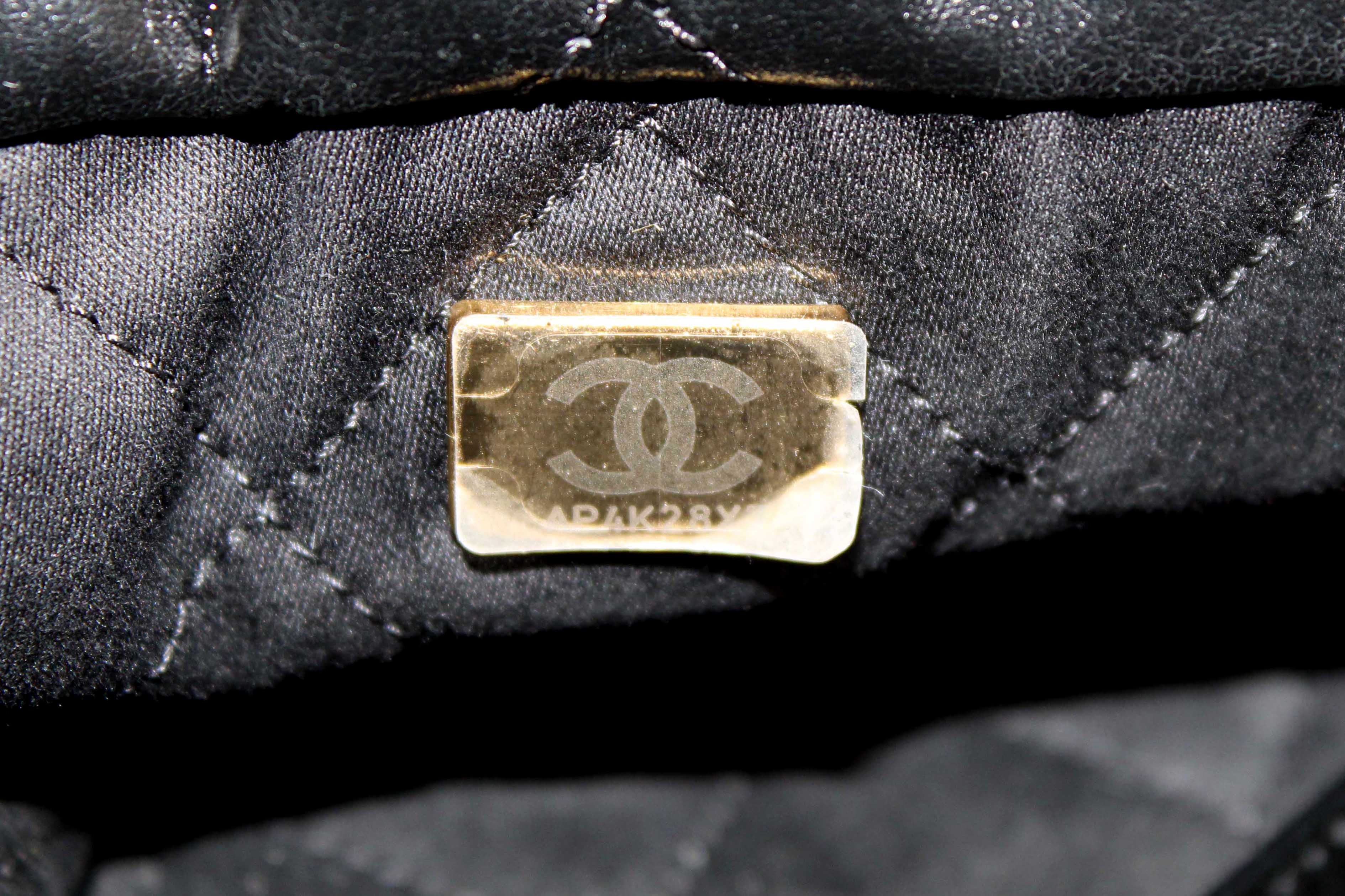 Authentic Chanel 22 Black Shiny Calfskin Leather Shoulder Tote Bag