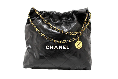 Authentic Chanel 22 Black Shiny Calfskin Leather Shoulder Tote Bag
