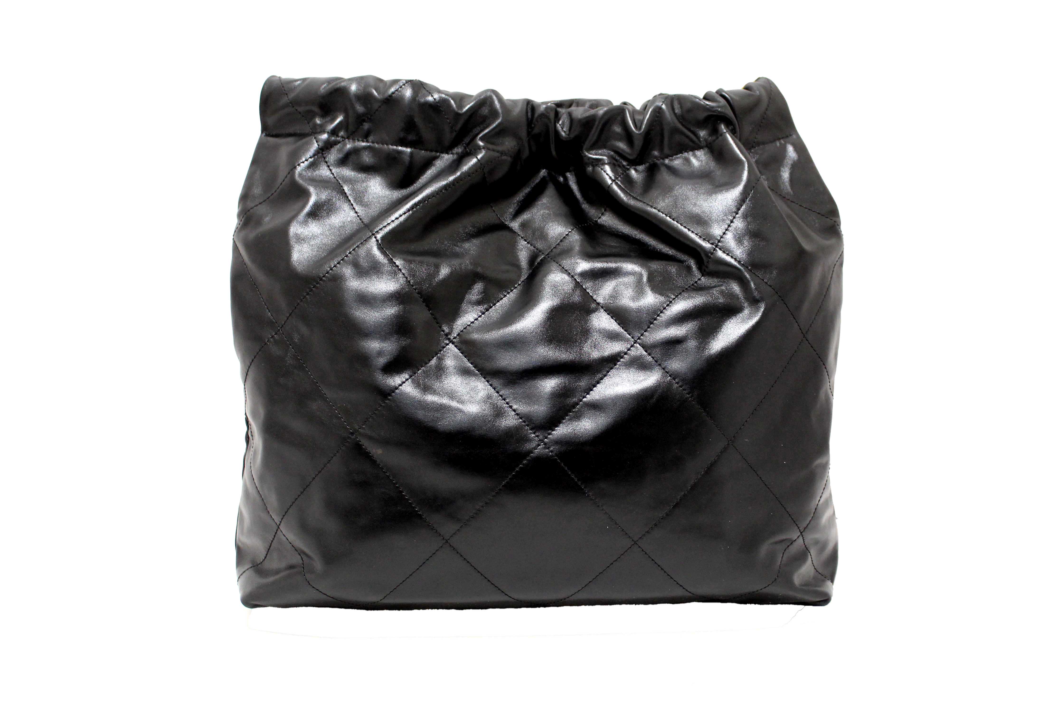 Authentic Chanel 22 Black Shiny Calfskin Leather Shoulder Tote Bag