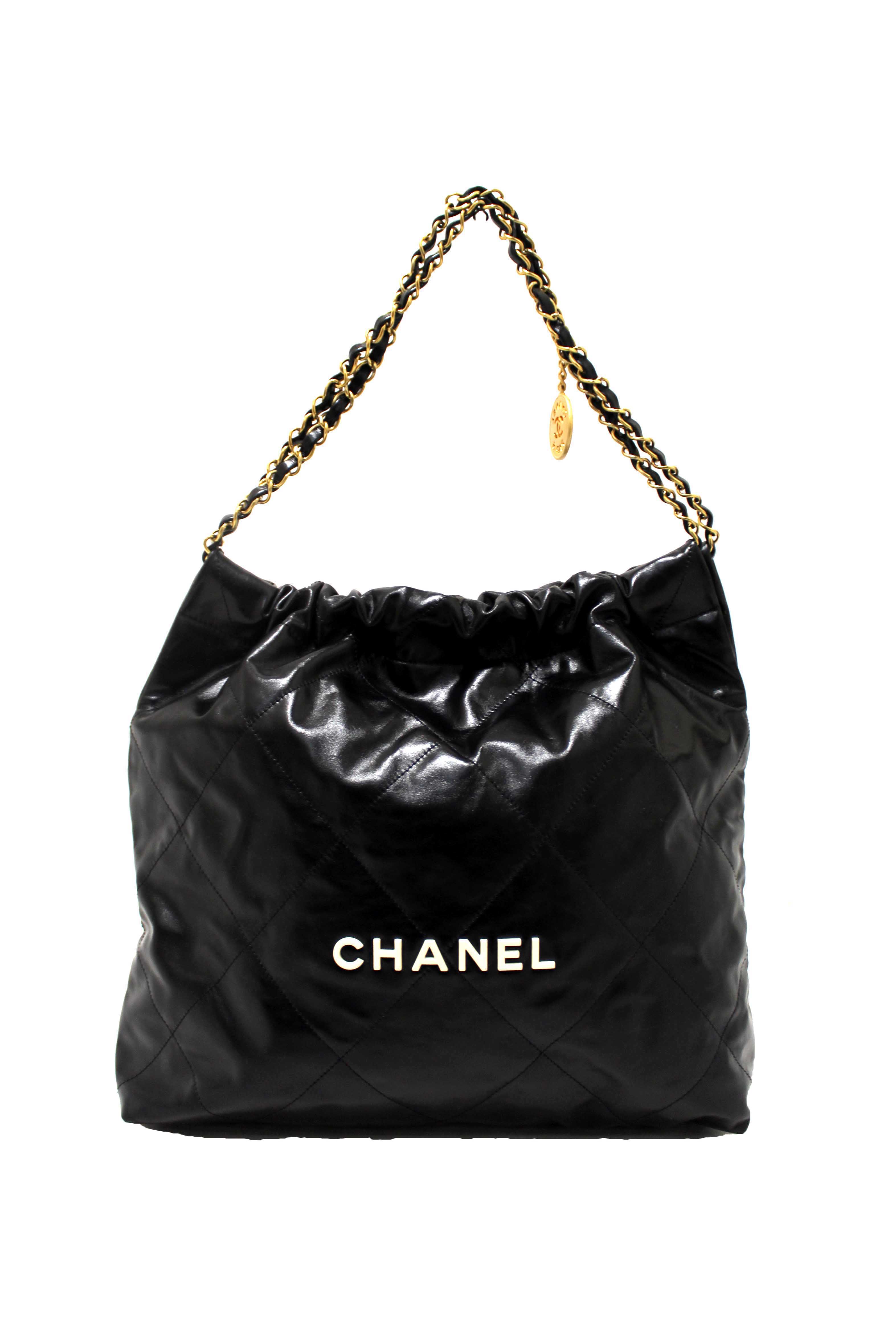Authentic Chanel 22 Black Shiny Calfskin Leather Shoulder Tote Bag