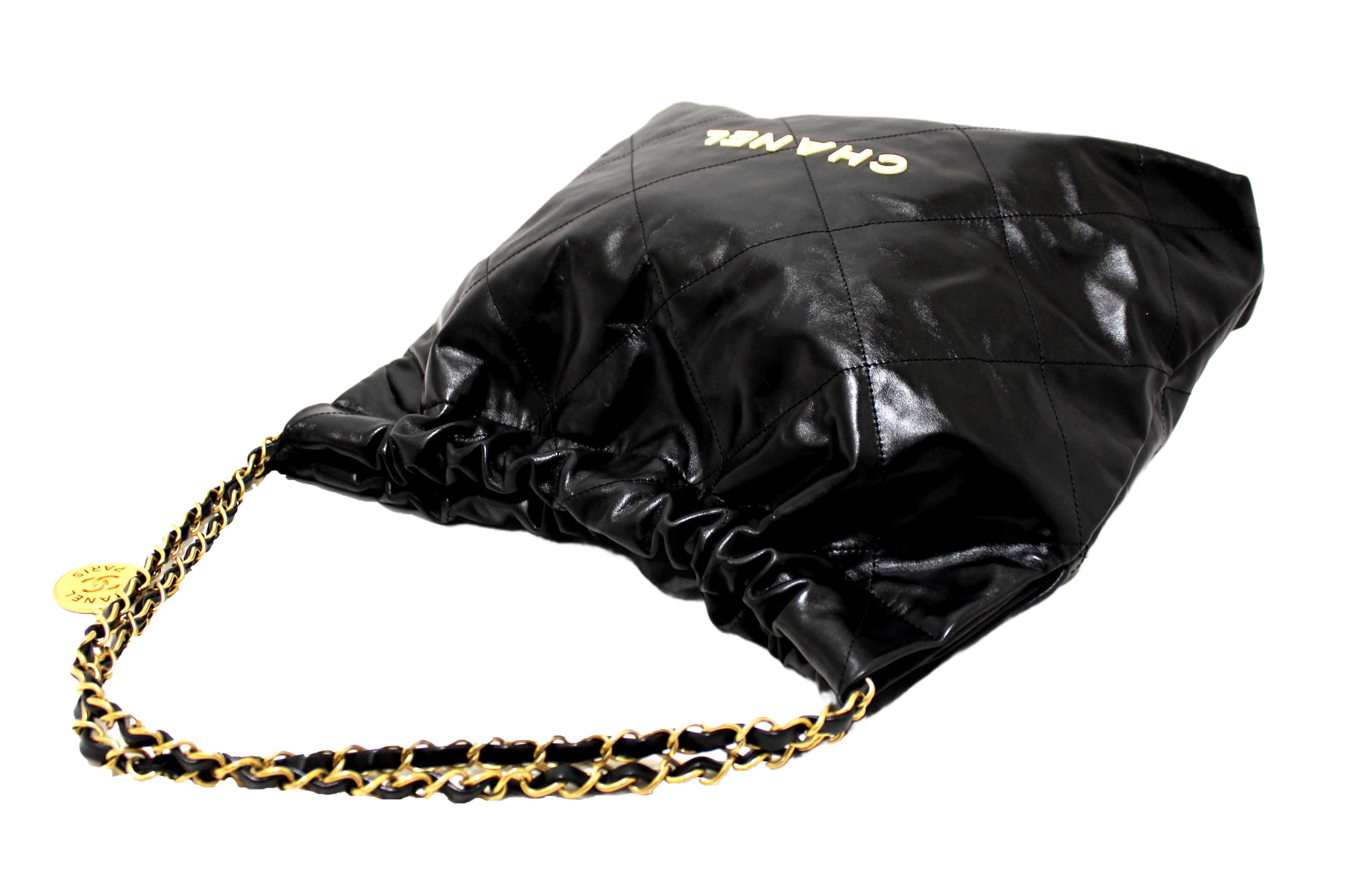 Authentic Chanel 22 Black Shiny Calfskin Leather Shoulder Tote Bag