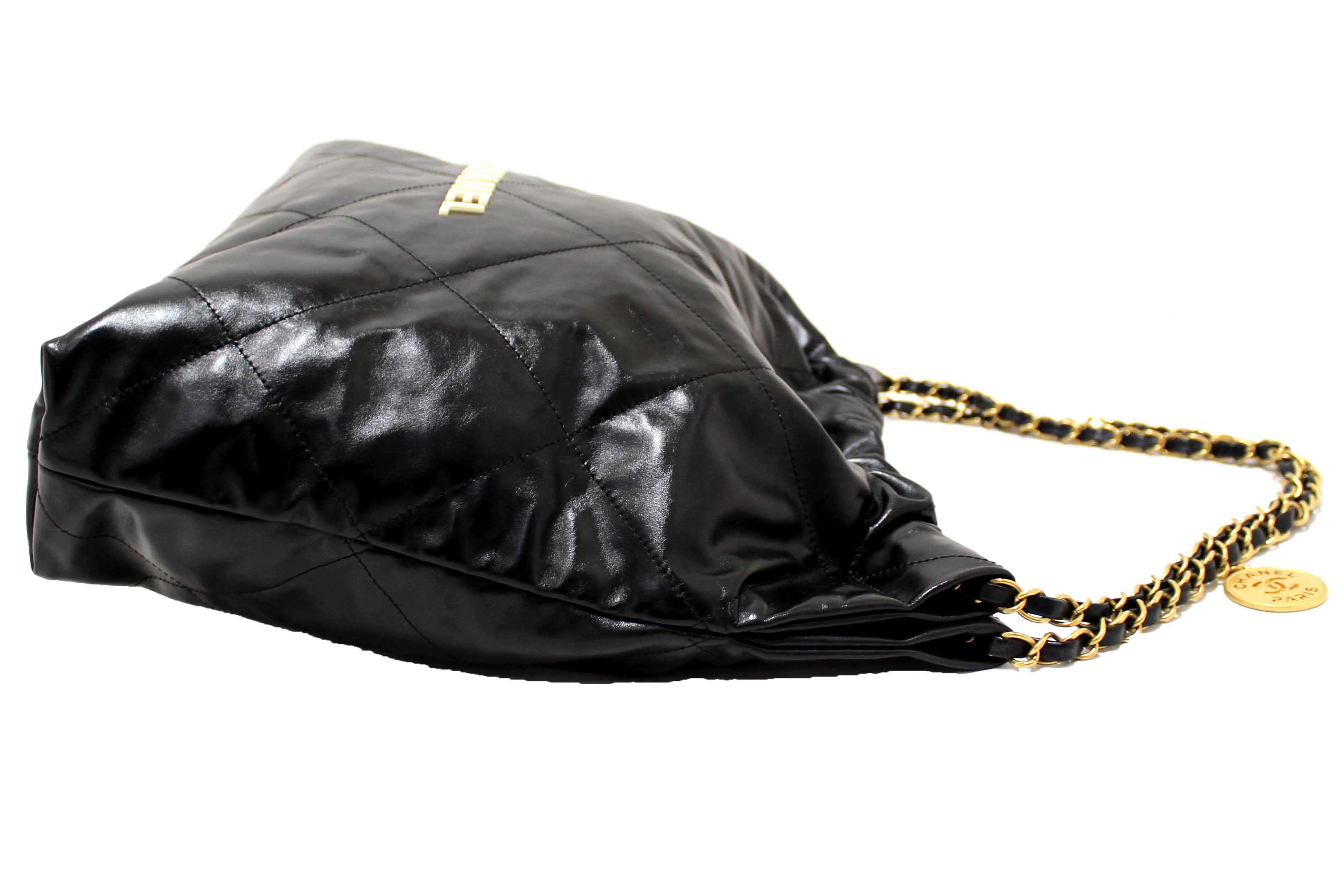 Authentic Chanel 22 Black Shiny Calfskin Leather Shoulder Tote Bag