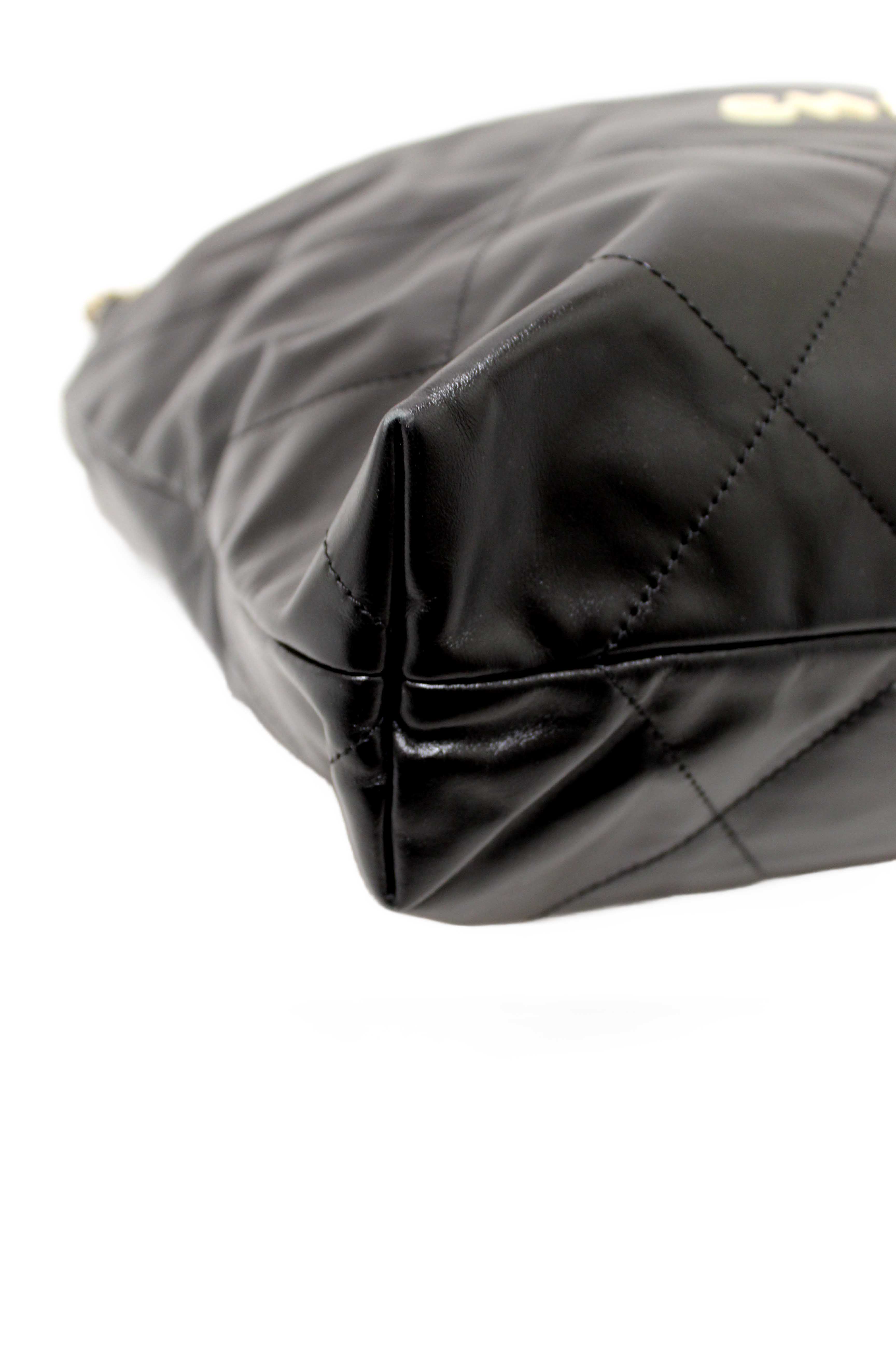 Authentic Chanel 22 Black Shiny Calfskin Leather Shoulder Tote Bag