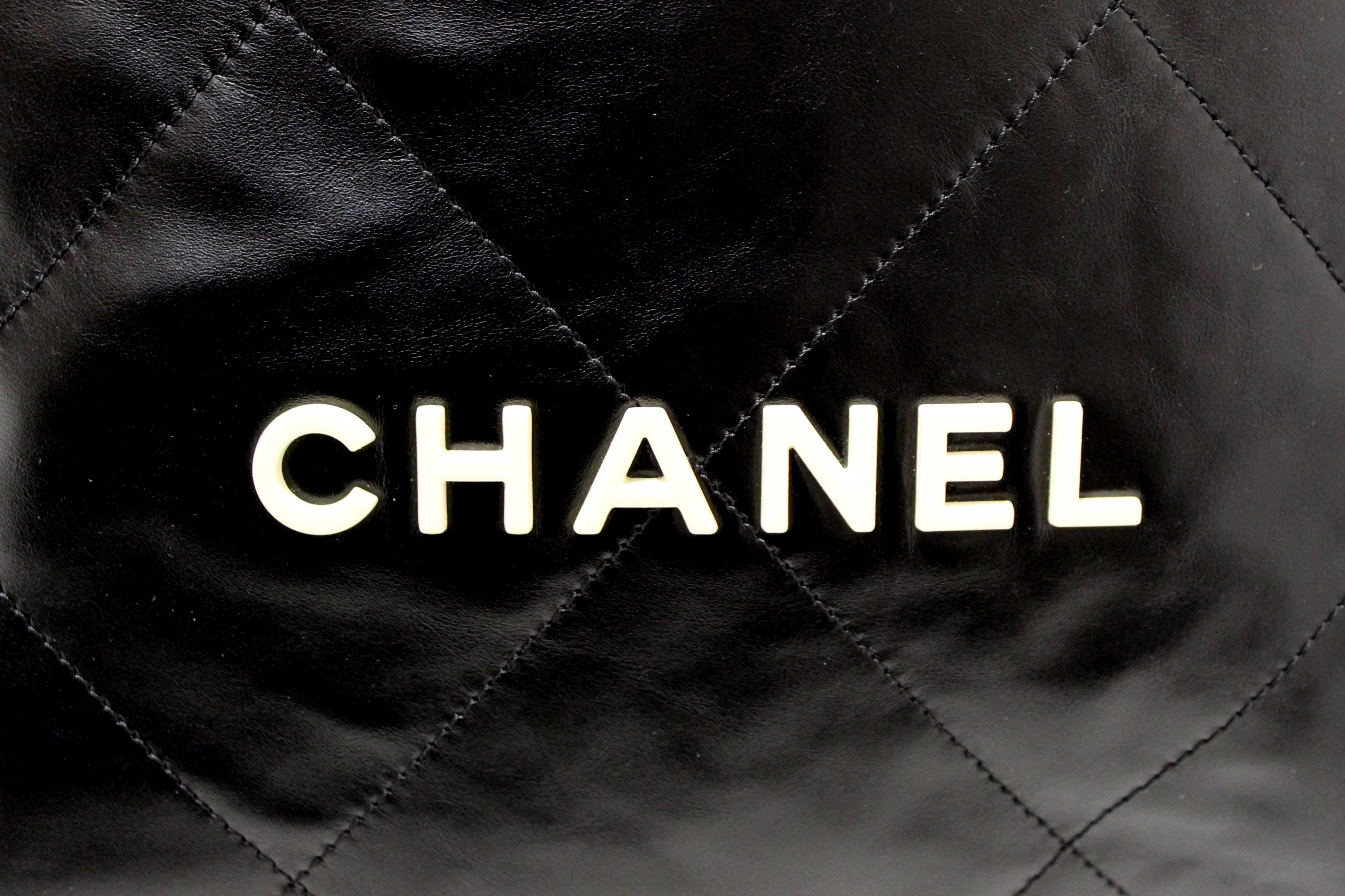 Authentic Chanel 22 Black Shiny Calfskin Leather Shoulder Tote Bag