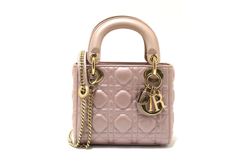 Authentic Christian Dior Metallic Powder Pink Cannage Lambskin Leather Mini Lady Dior Bag