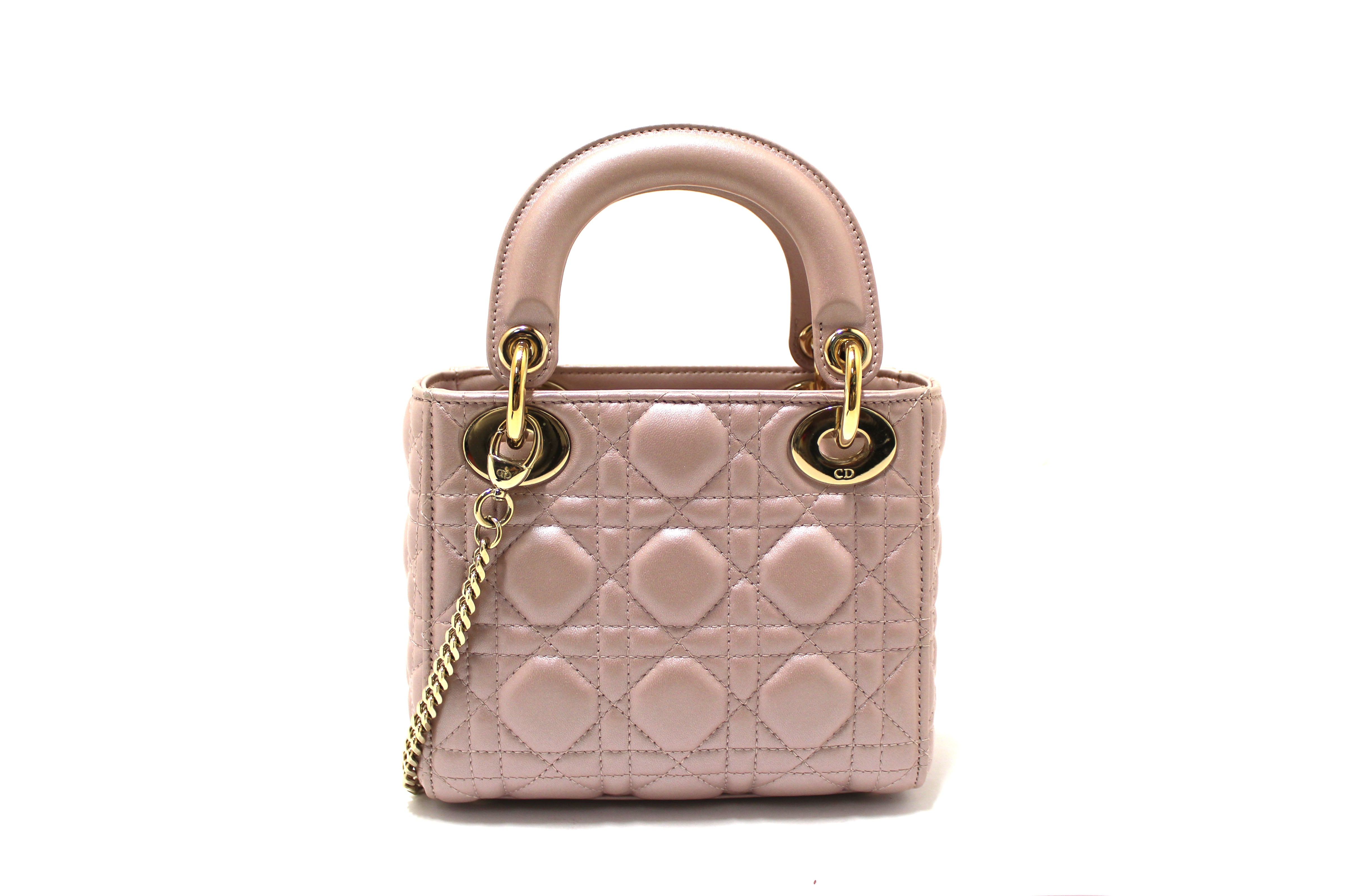 Authentic Christian Dior Metallic Powder Pink Cannage Lambskin Leather Mini Lady Dior Bag