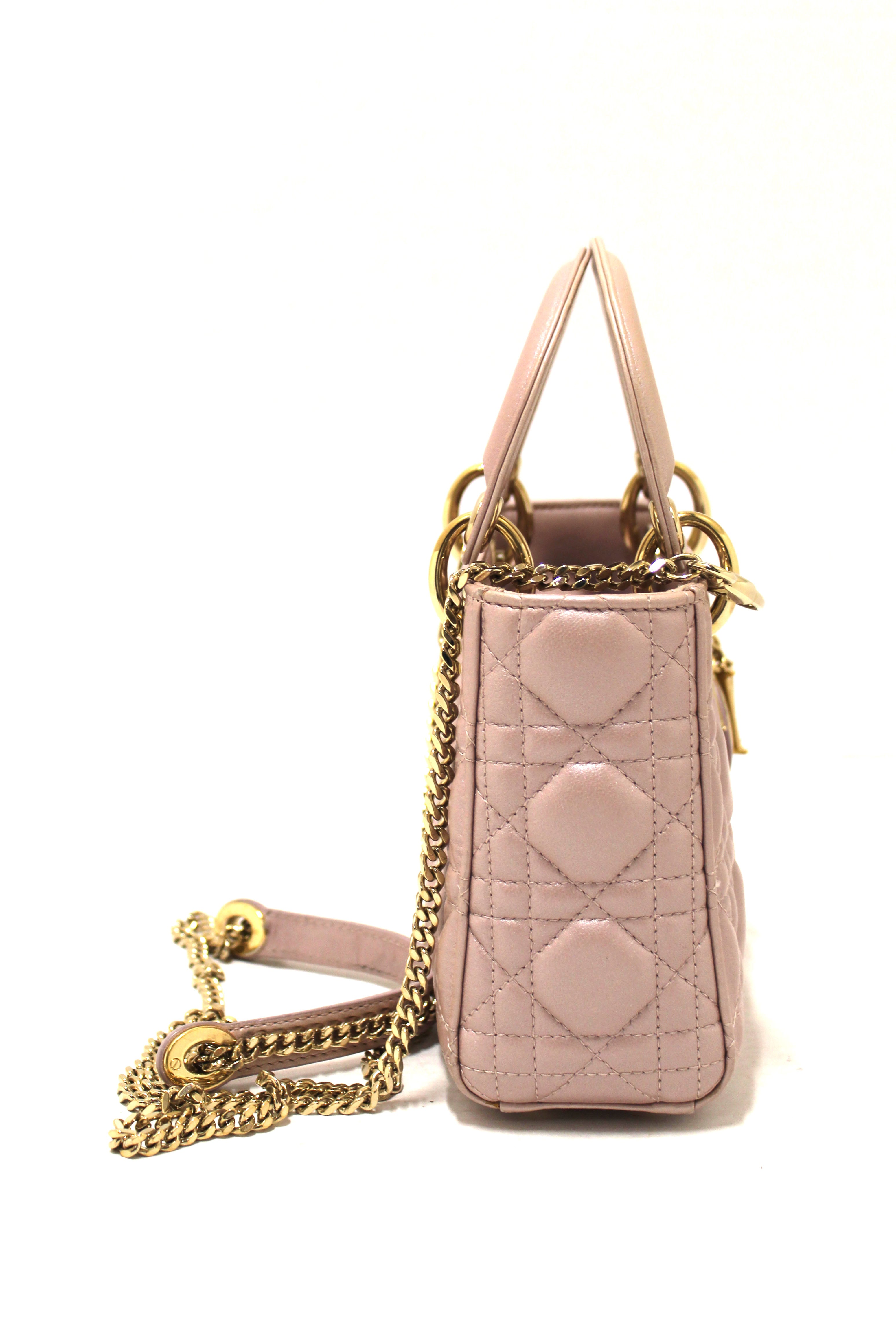 Authentic Christian Dior Metallic Powder Pink Cannage Lambskin Leather Mini Lady Dior Bag