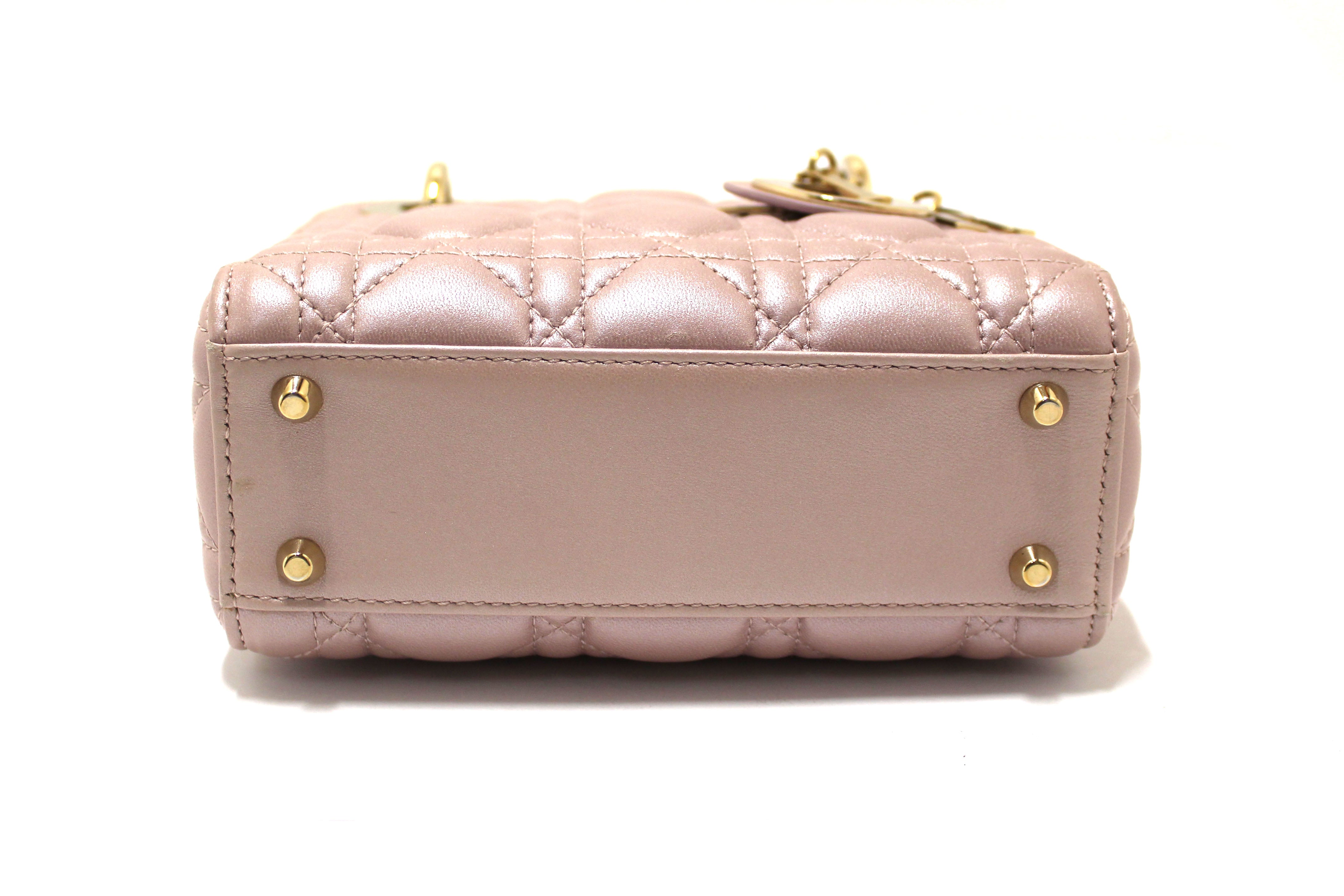 Authentic Christian Dior Metallic Powder Pink Cannage Lambskin Leather Mini Lady Dior Bag