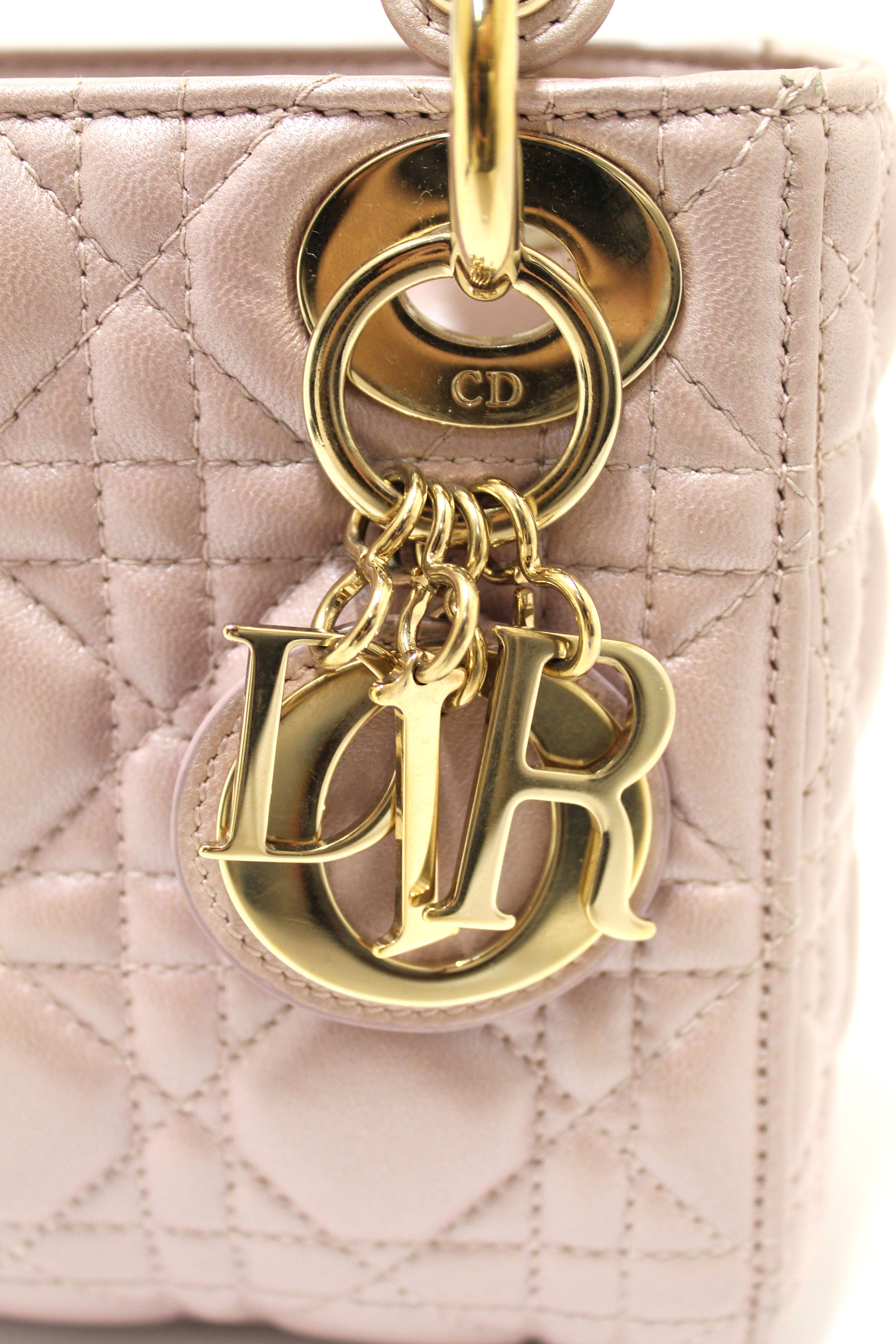 Authentic Christian Dior Metallic Powder Pink Cannage Lambskin Leather Mini Lady Dior Bag