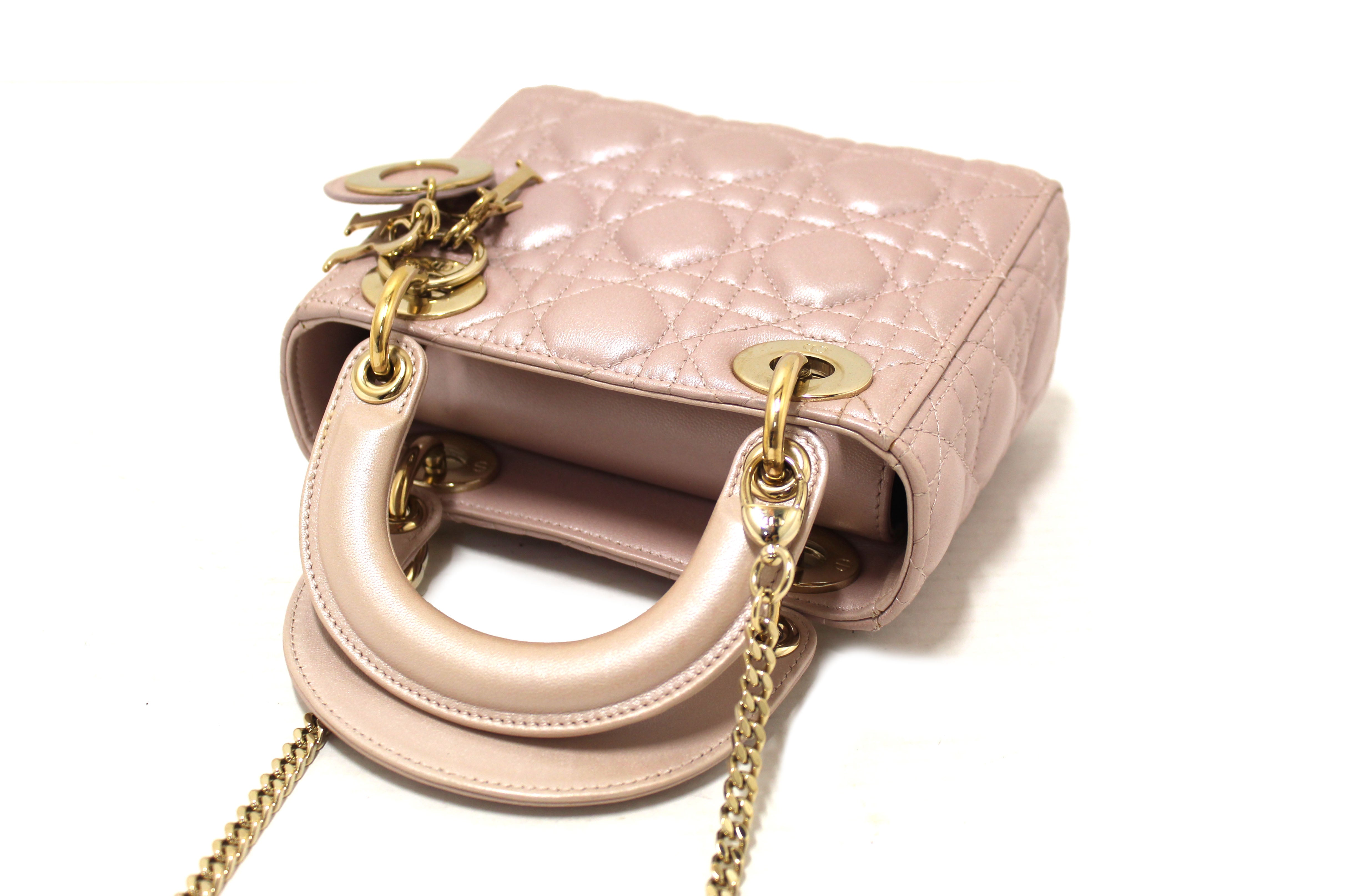 Authentic Christian Dior Metallic Powder Pink Cannage Lambskin Leather Mini Lady Dior Bag