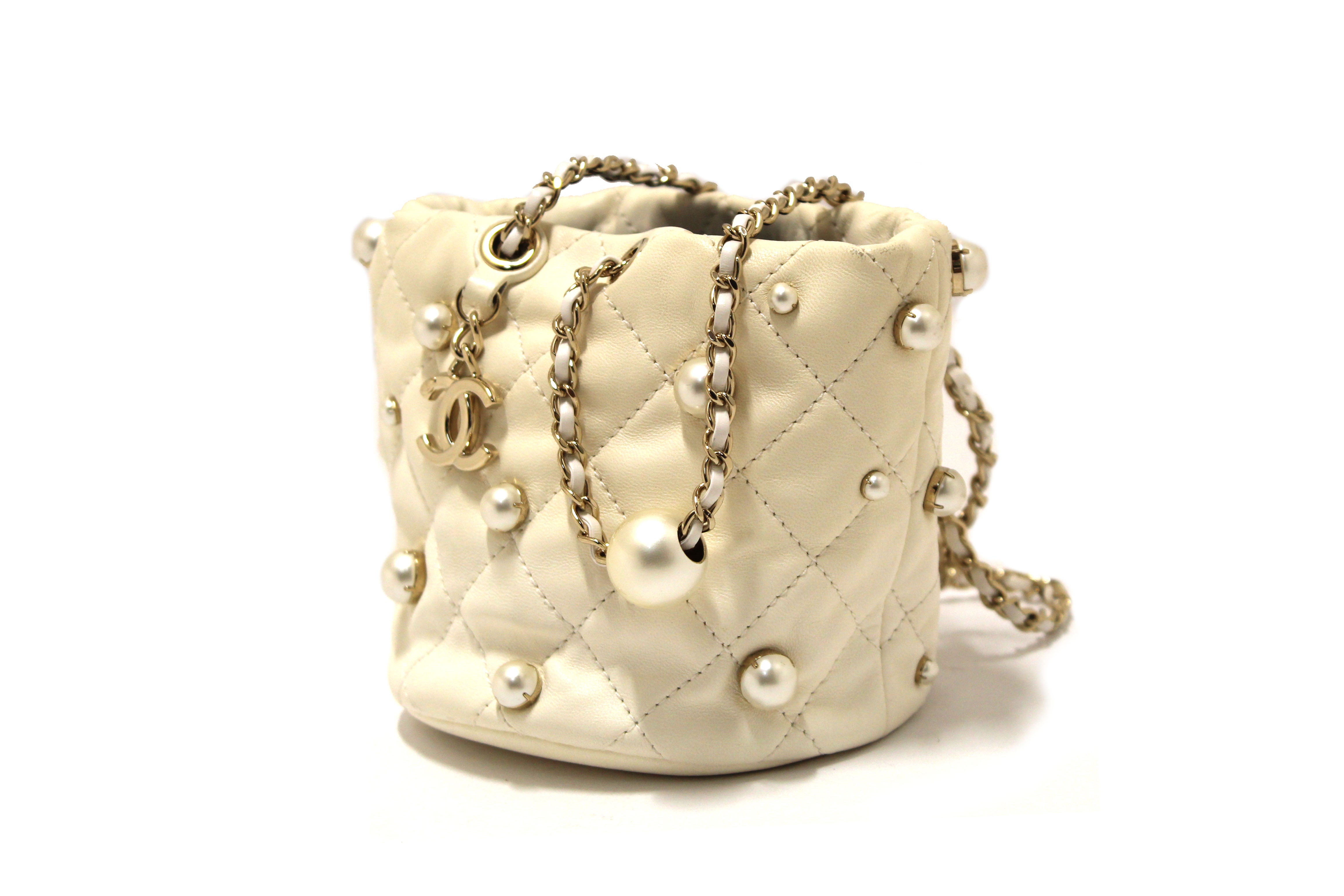 Authentic Chanel Quilted Lambskin with Pearls Mini Drawstring Bucket Bag