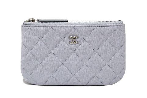 Authentic Chanel Light Grey Caviar Quilted Leather Zipped Cosmetic Case