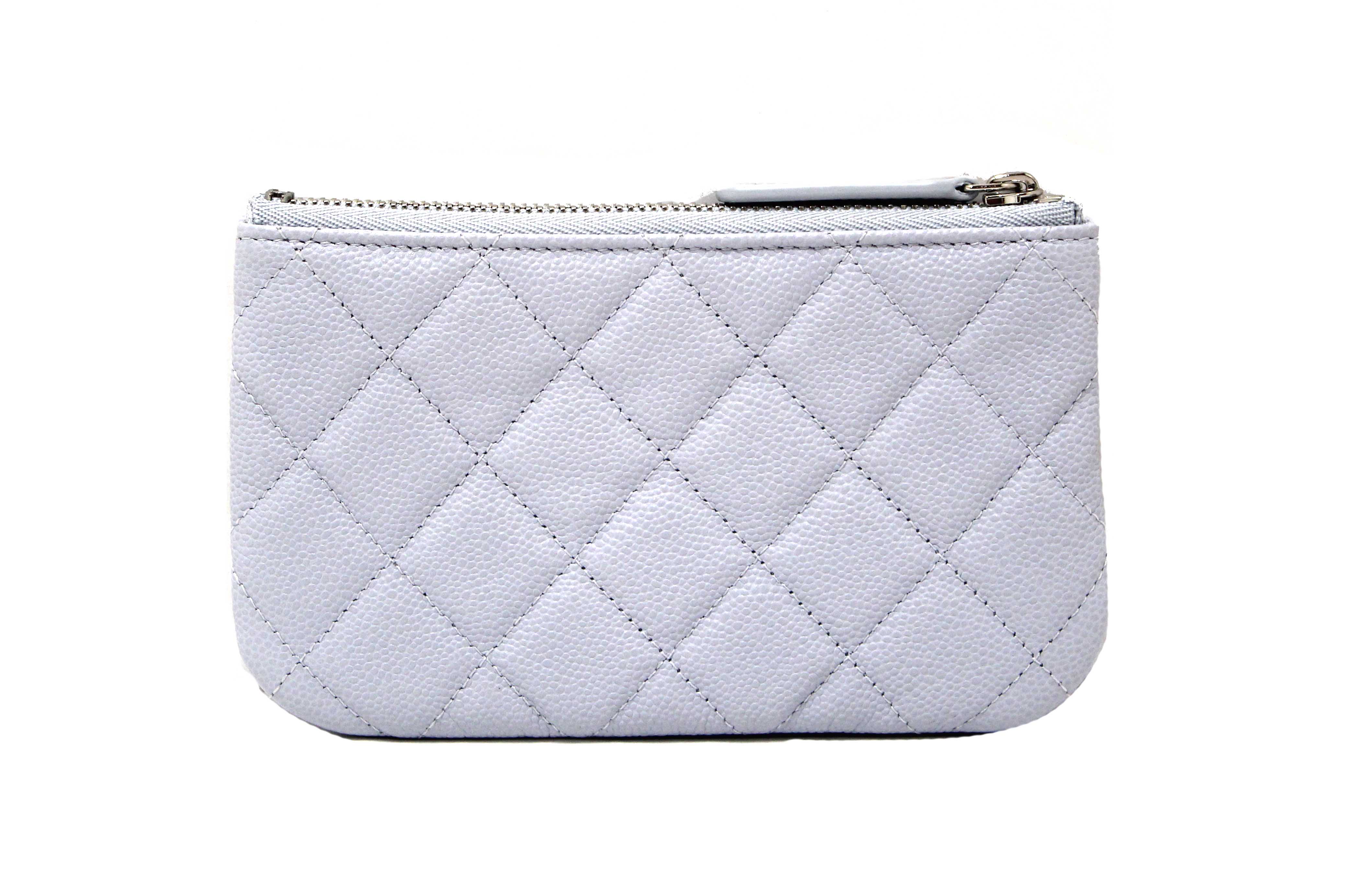 Authentic Chanel Light Grey Caviar Quilted Leather Zipped Cosmetic Case