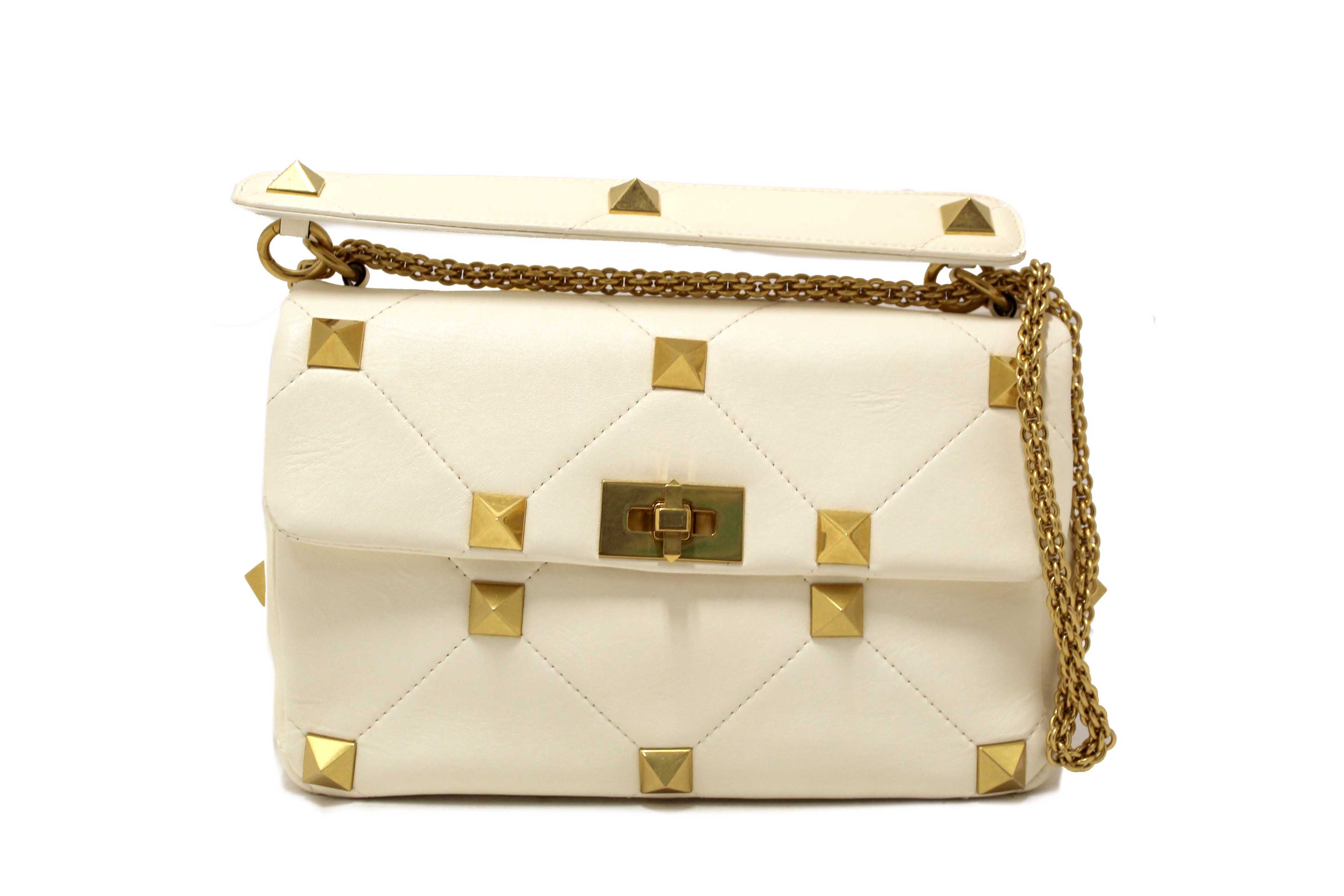 Authentic Valentino Garavani Large Roman Stud White Nappa Leather Shoulder Bag