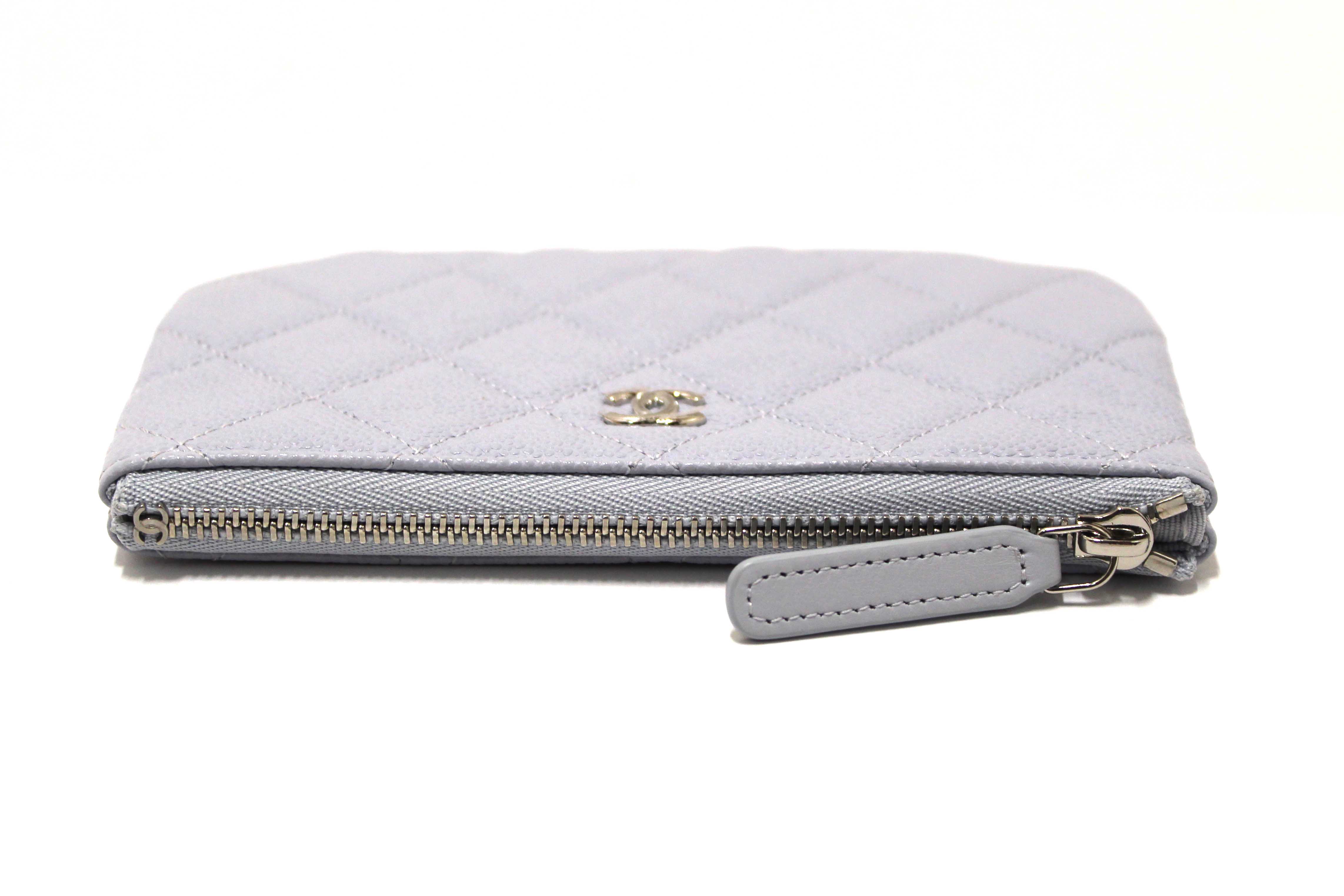 Authentic Chanel Light Grey Caviar Quilted Leather Zipped Cosmetic Case