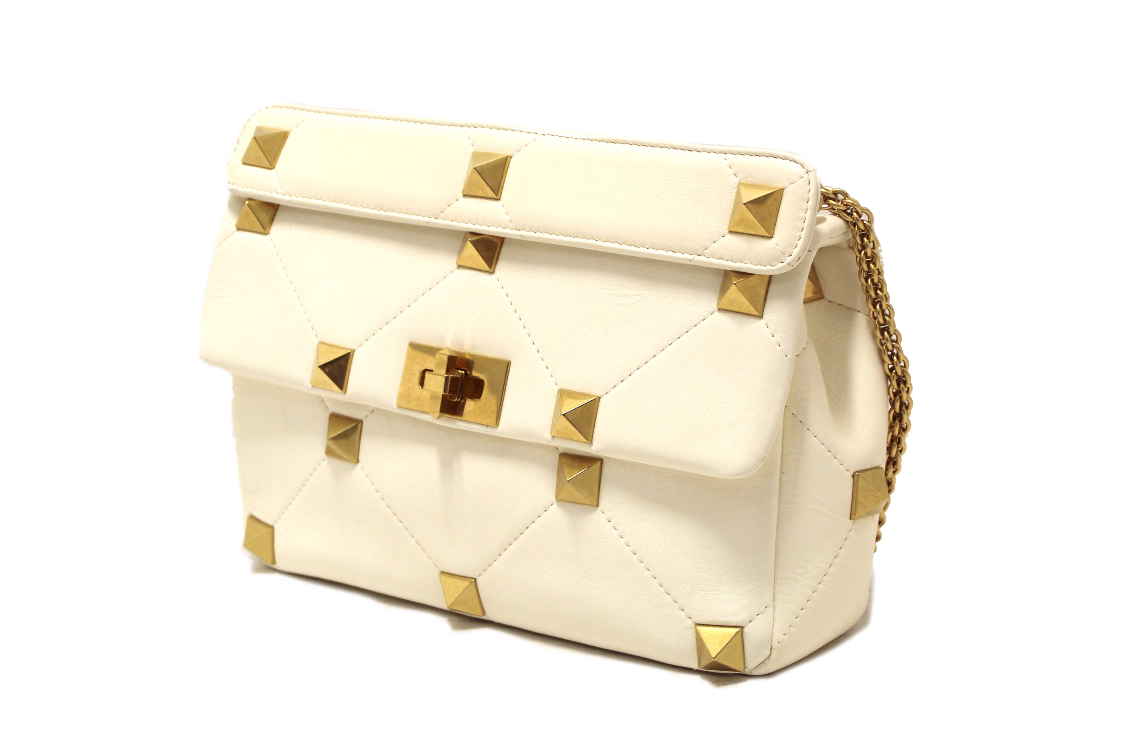 Authentic Valentino Garavani Large Roman Stud White Nappa Leather Shoulder Bag