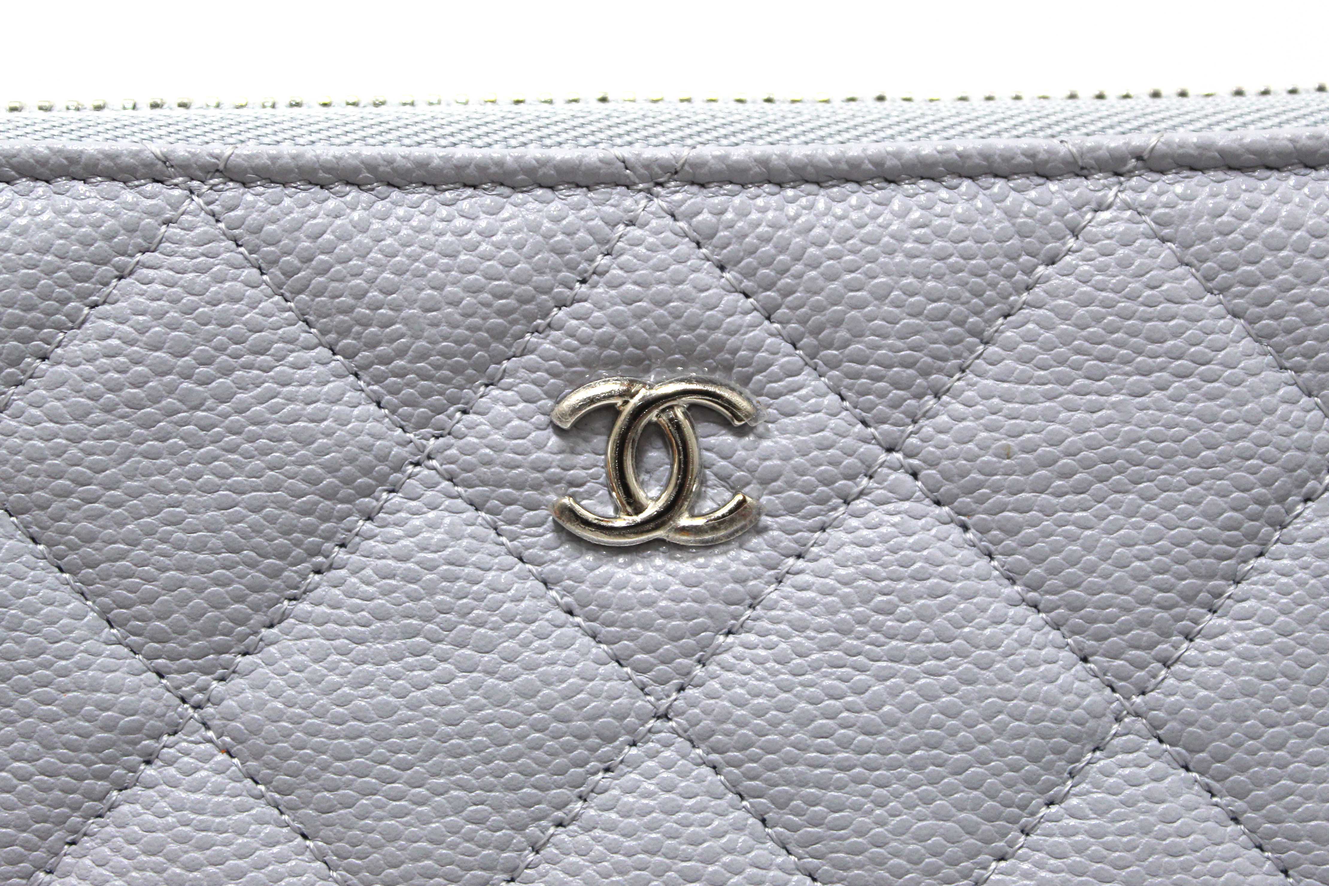 Authentic Chanel Light Grey Caviar Quilted Leather Zipped Cosmetic Case