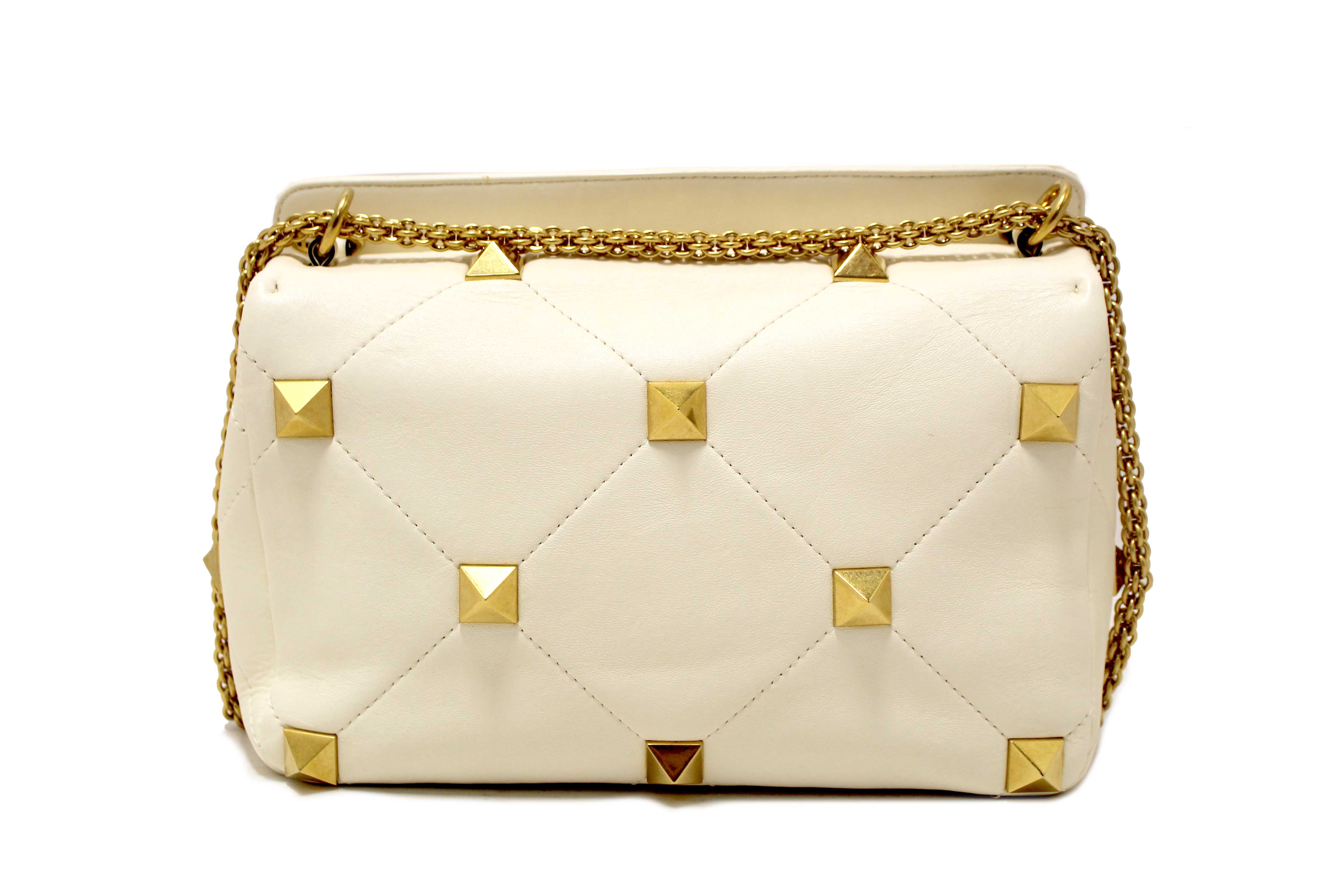Authentic Valentino Garavani Large Roman Stud White Nappa Leather Shoulder Bag