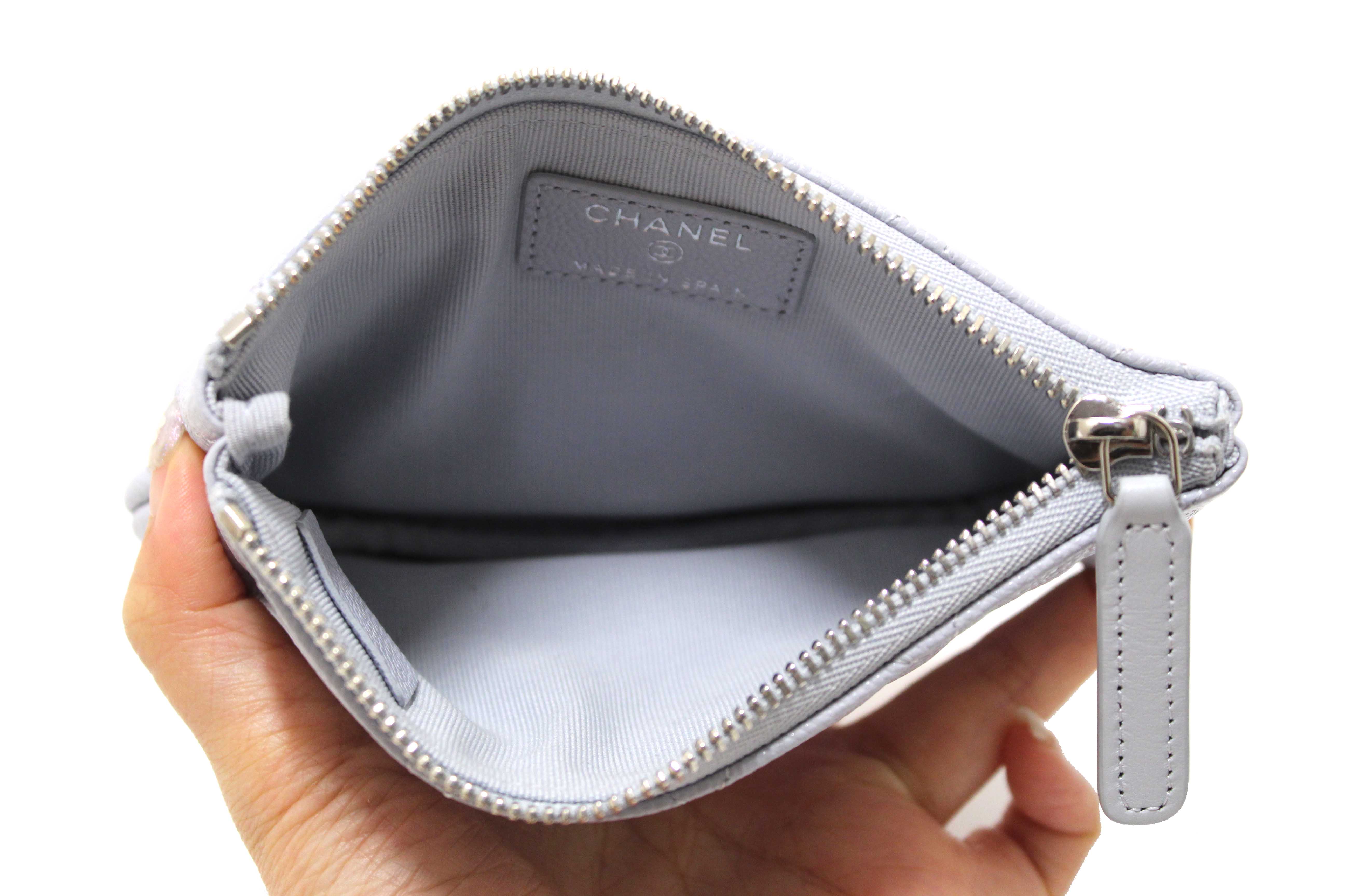 Authentic Chanel Light Grey Caviar Quilted Leather Zipped Cosmetic Case