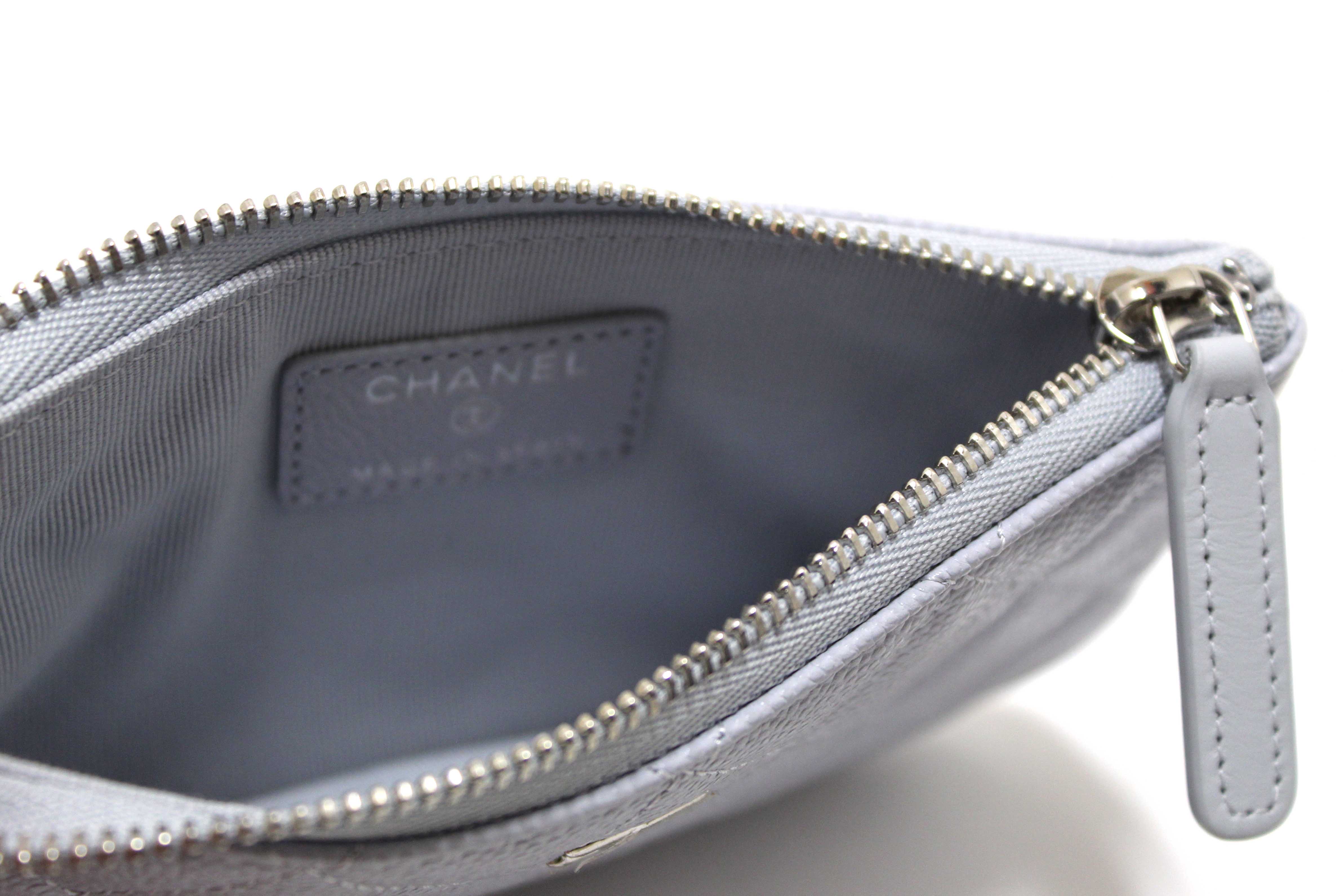 Authentic Chanel Light Grey Caviar Quilted Leather Zipped Cosmetic Case