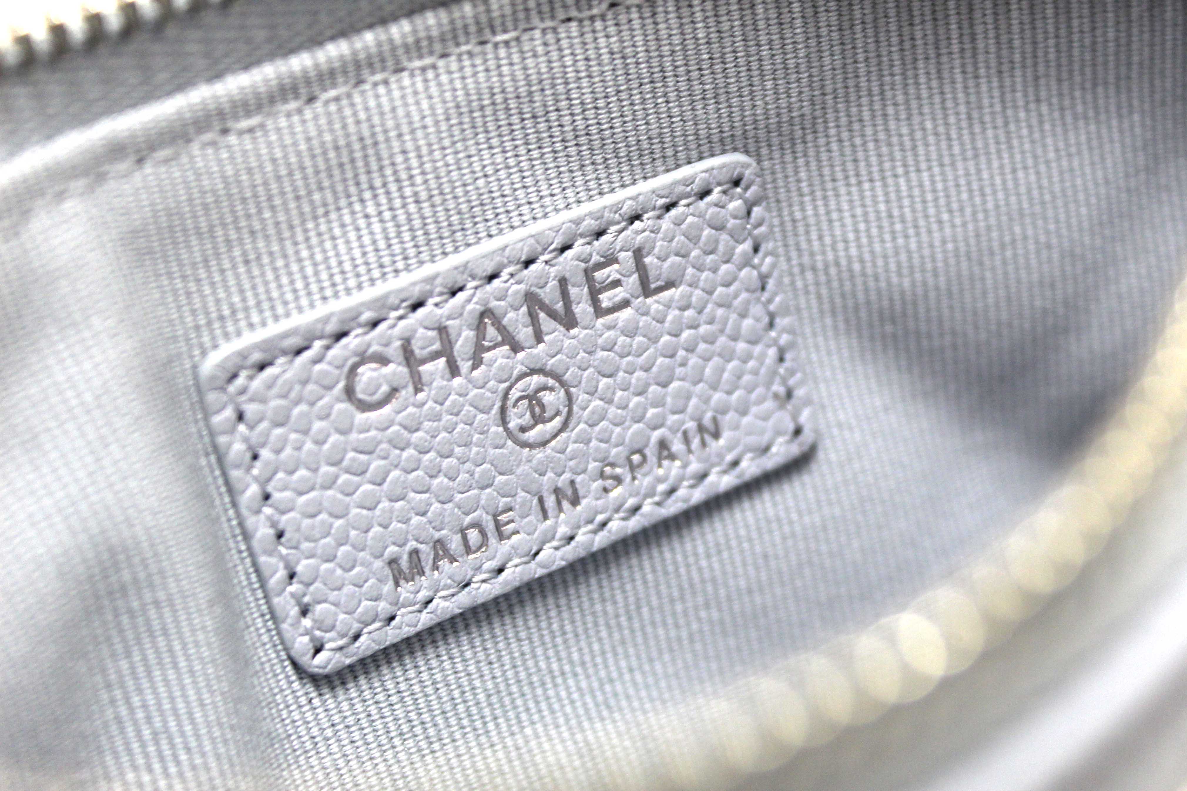 Authentic Chanel Light Grey Caviar Quilted Leather Zipped Cosmetic Case