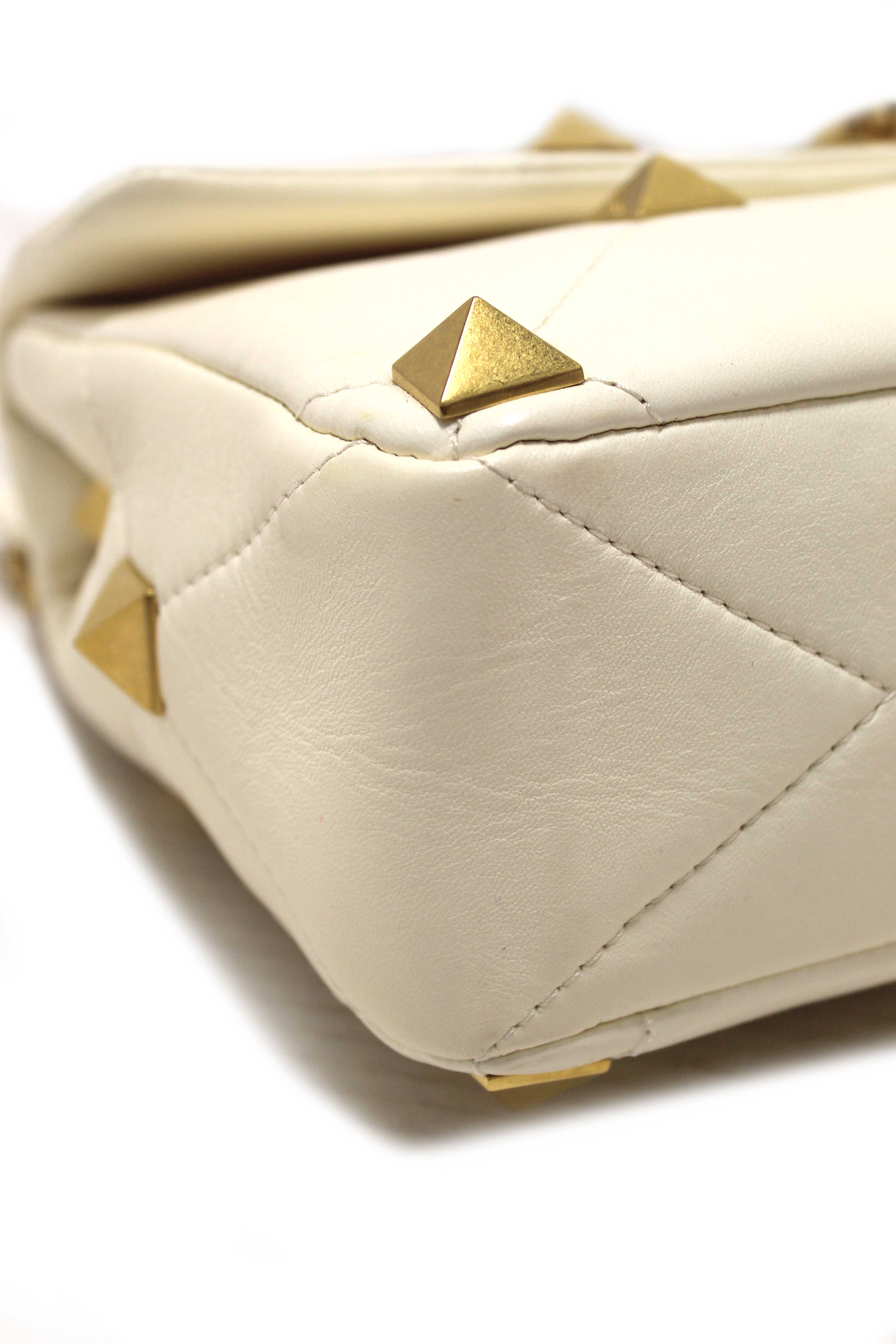 Authentic Valentino Garavani Large Roman Stud White Nappa Leather Shoulder Bag