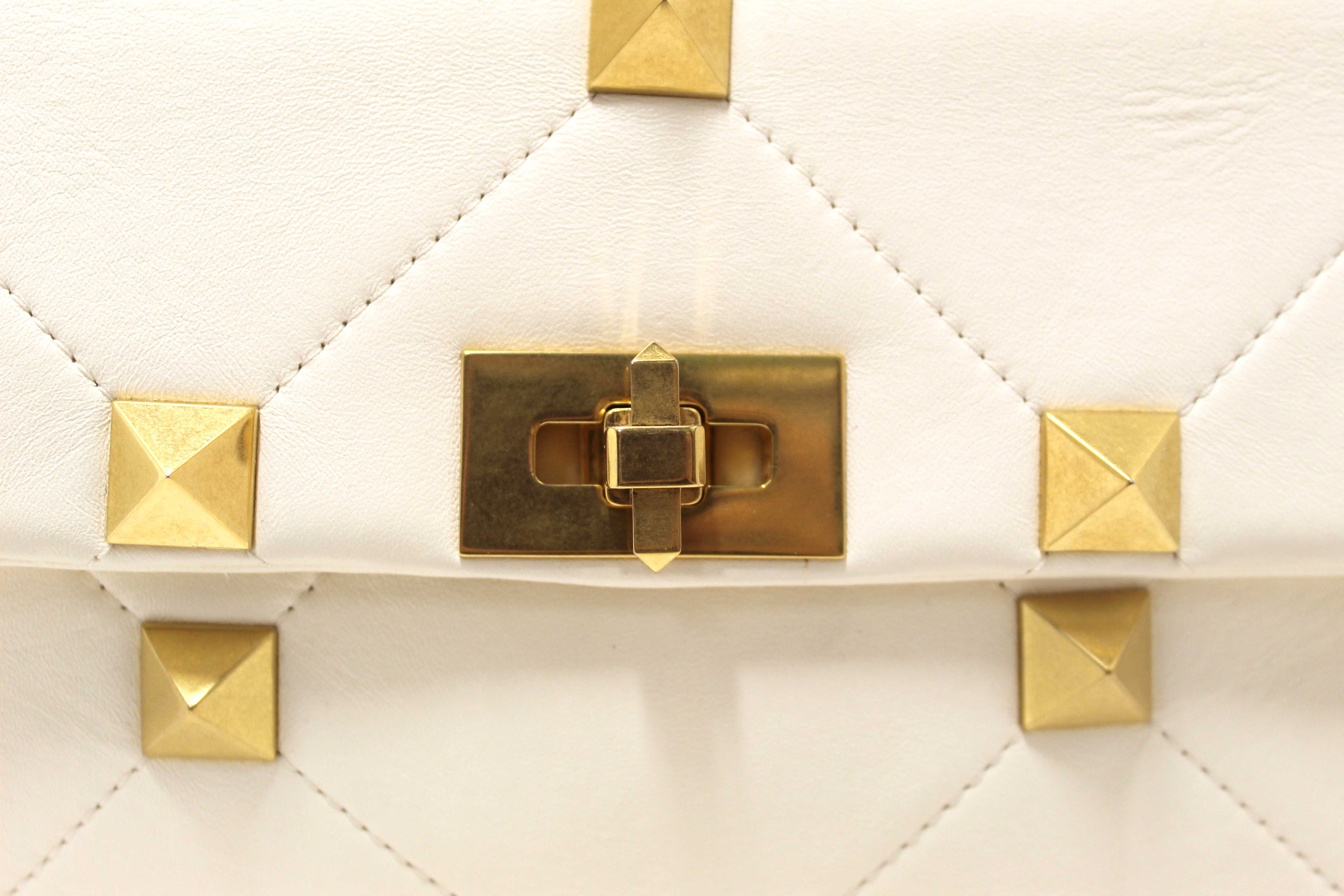 Authentic Valentino Garavani Large Roman Stud White Nappa Leather Shoulder Bag