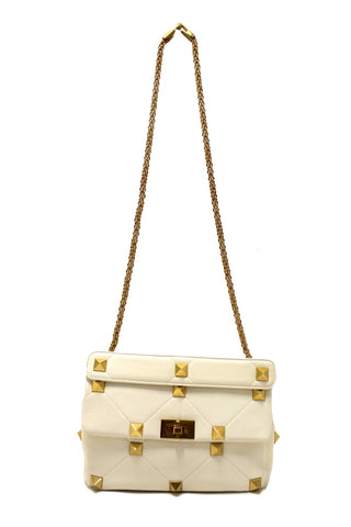 Authentic Valentino Garavani Large Roman Stud White Nappa Leather Shoulder Bag