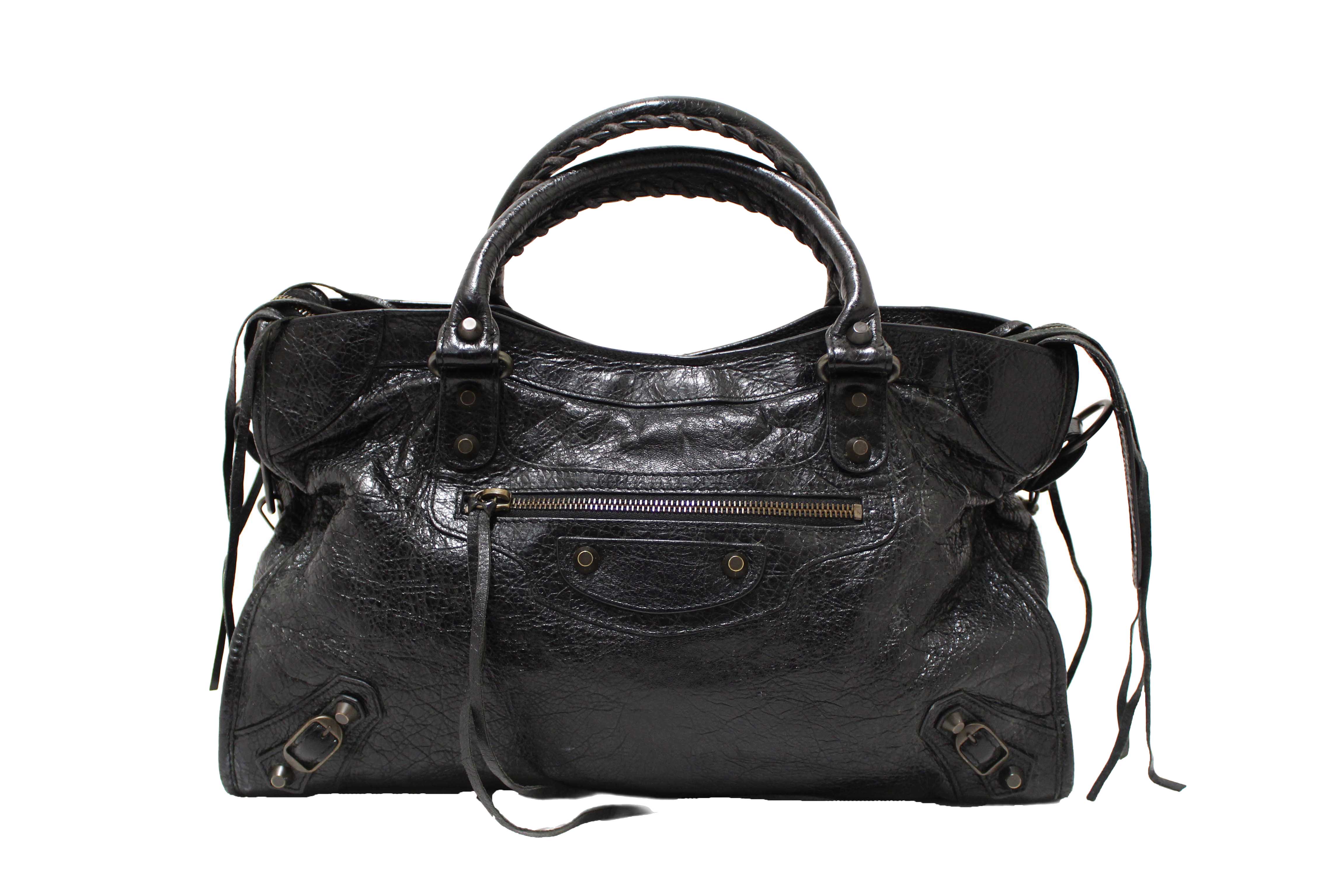 Authentic Balenciaga Black Classic City Lambskin Leather Shoulder Bag