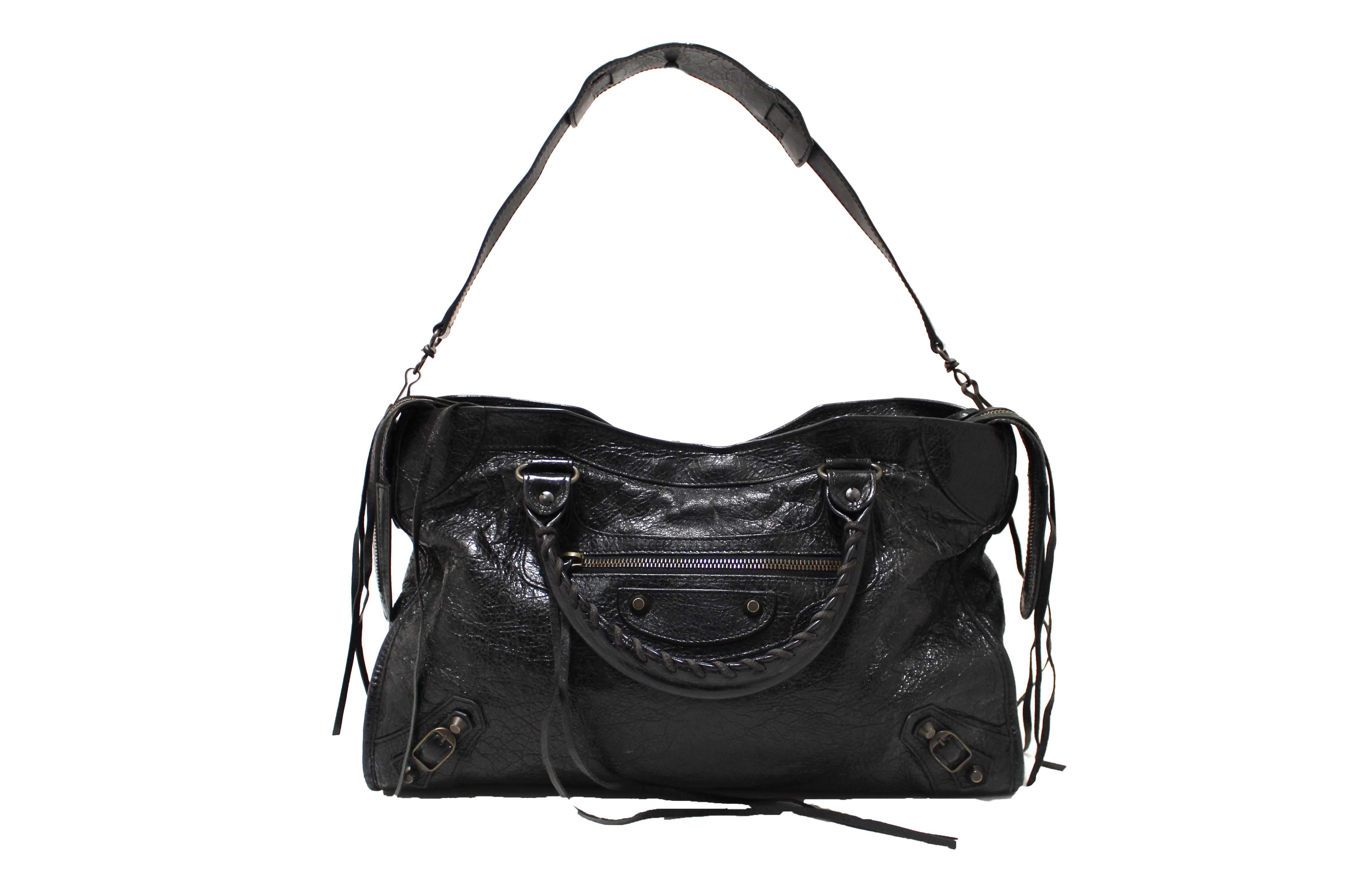 Authentic Balenciaga Black Classic City Lambskin Leather Shoulder Bag