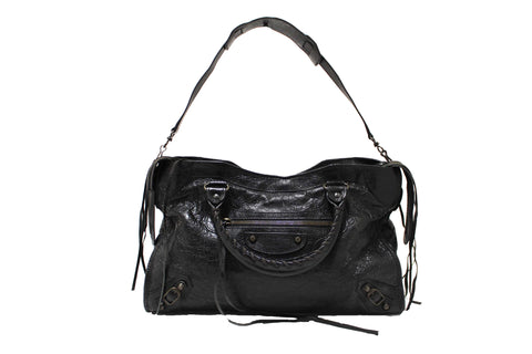 Authentic Balenciaga Black Classic City Lambskin Leather Shoulder Bag