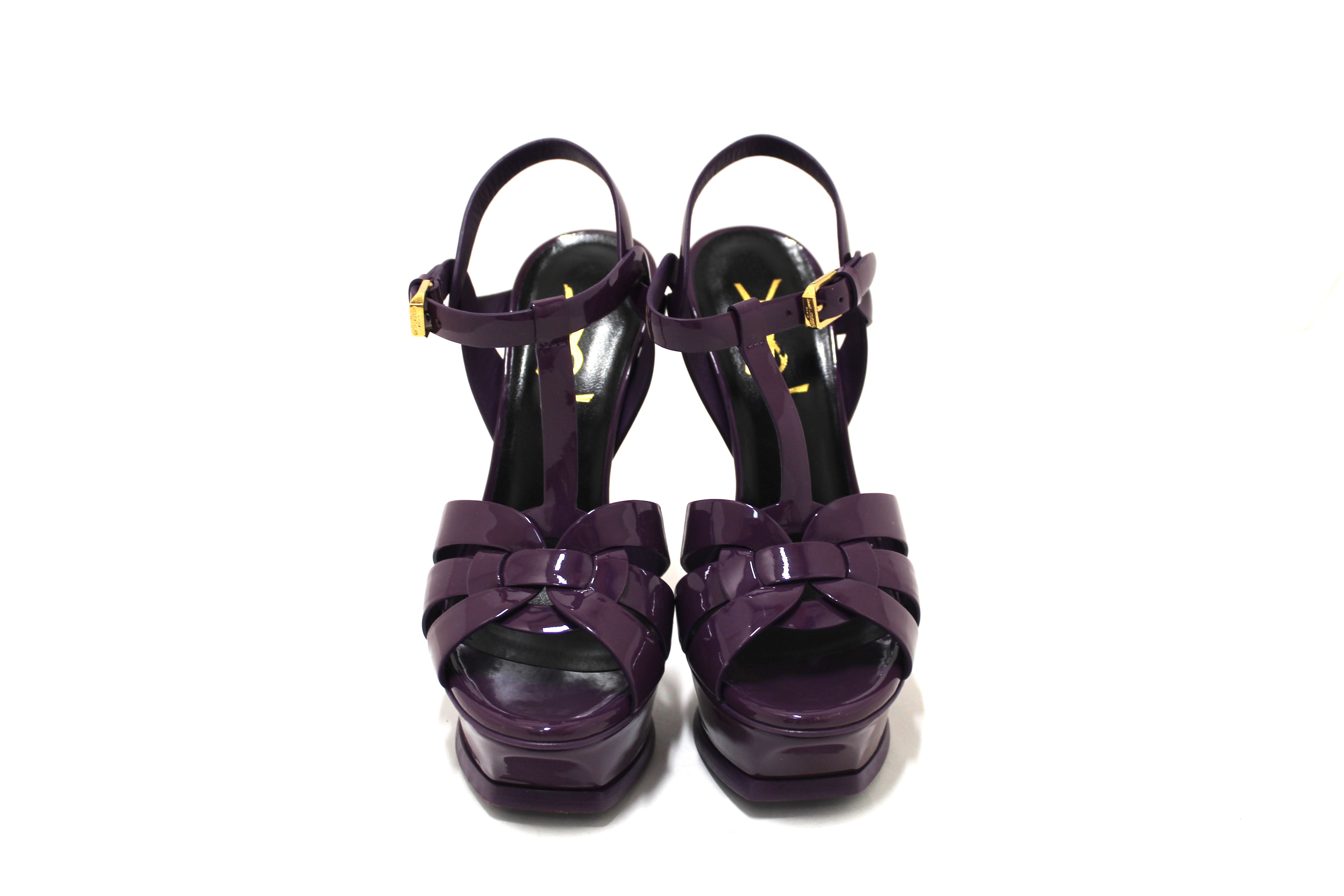 Authentic Yves Saint Laurent YSL Purple Patent Leather Tribute Platform Sandals Size 34