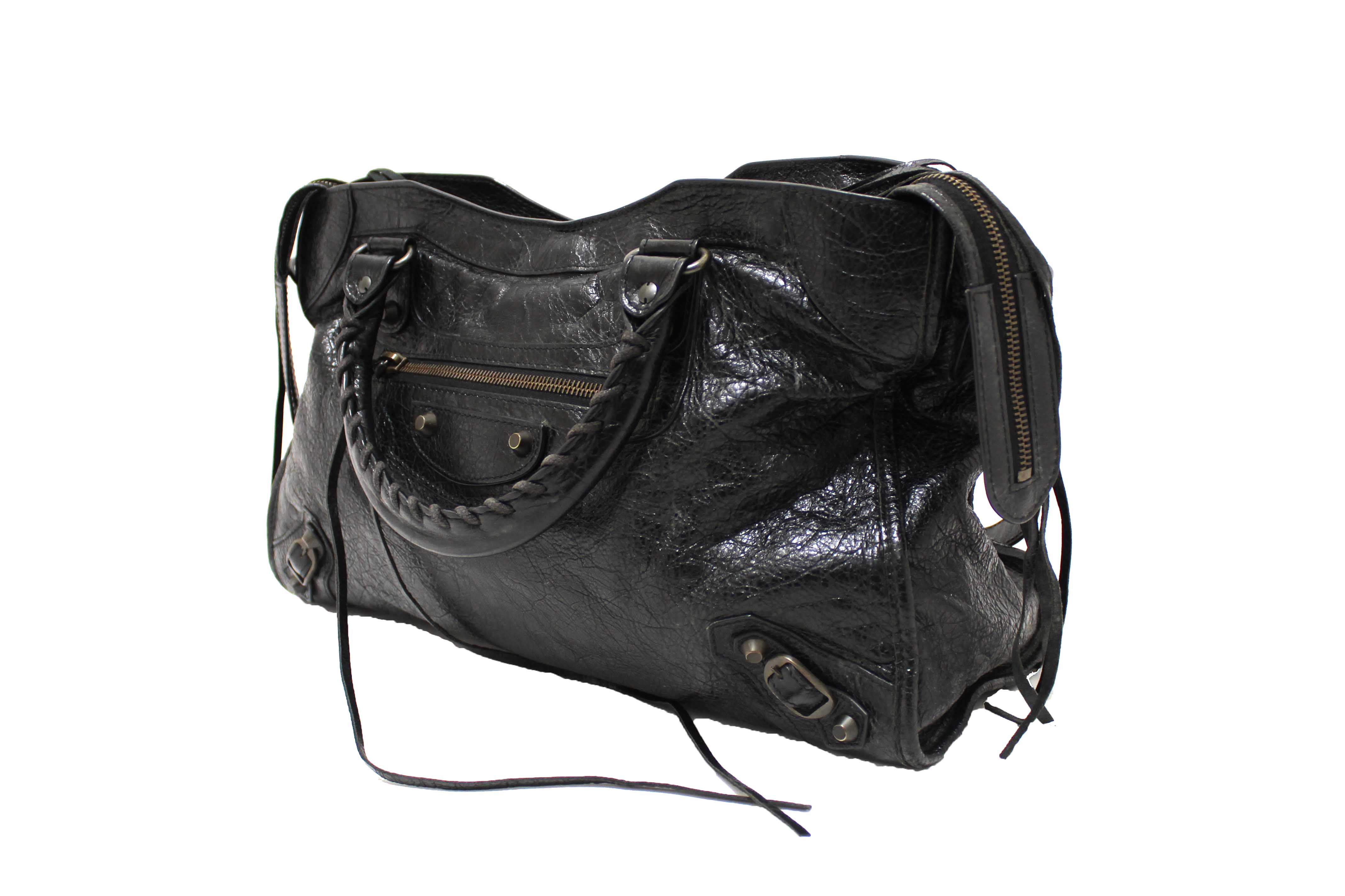 Authentic Balenciaga Black Classic City Lambskin Leather Shoulder Bag