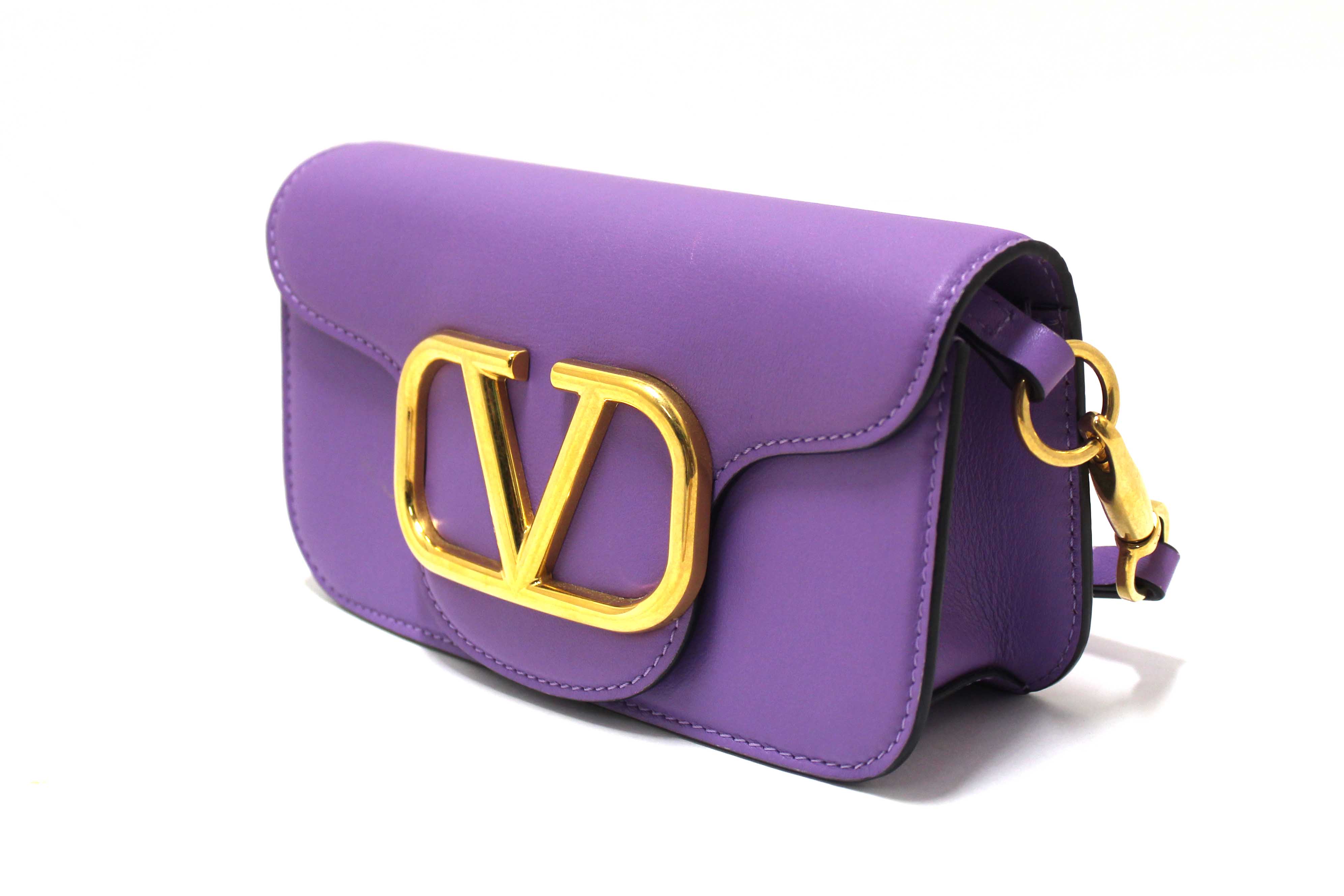 Authentic Valentino Purple Calfskin Leather Locò Small Crossbody Bag