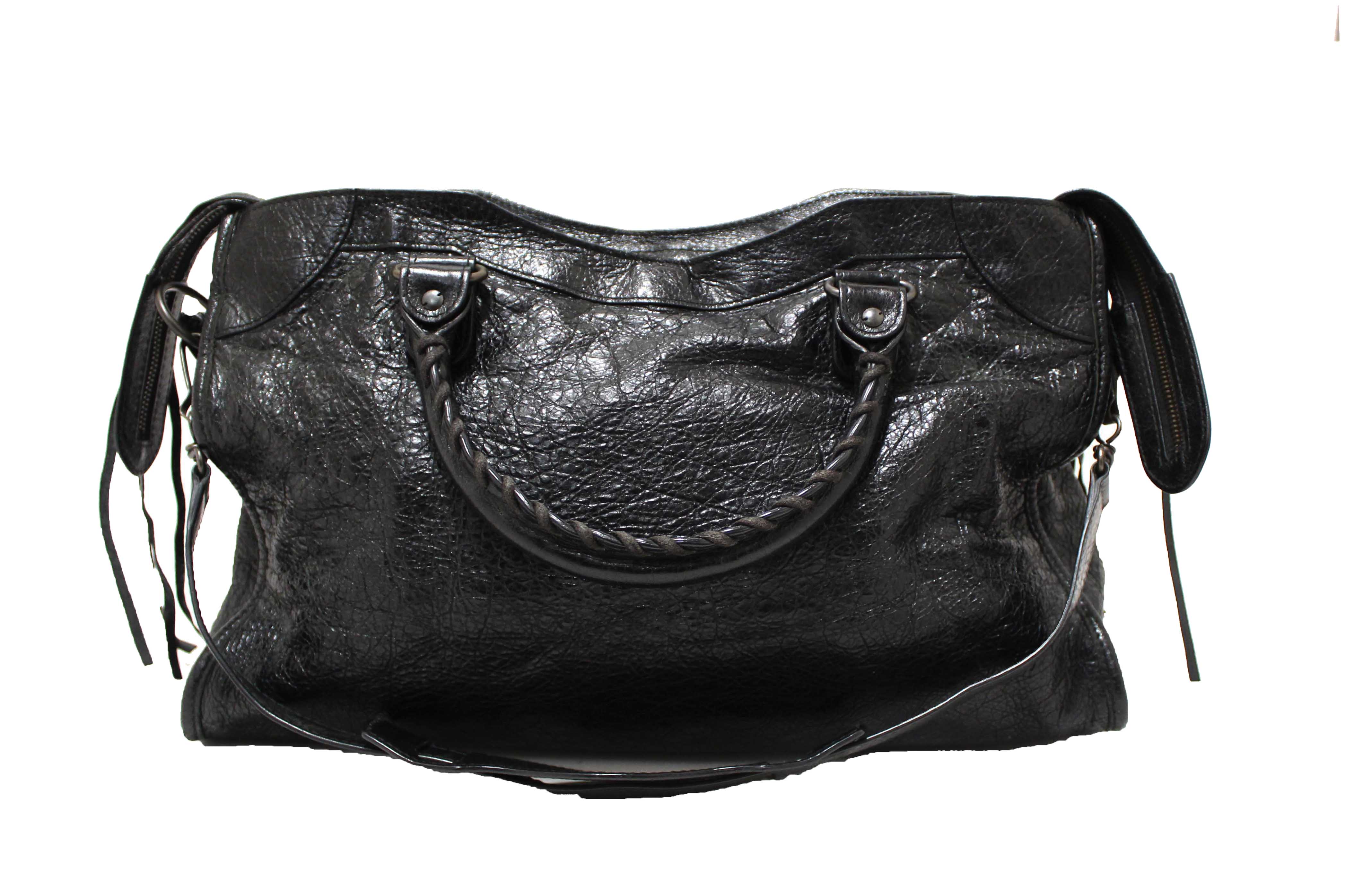 Authentic Balenciaga Black Classic City Lambskin Leather Shoulder Bag