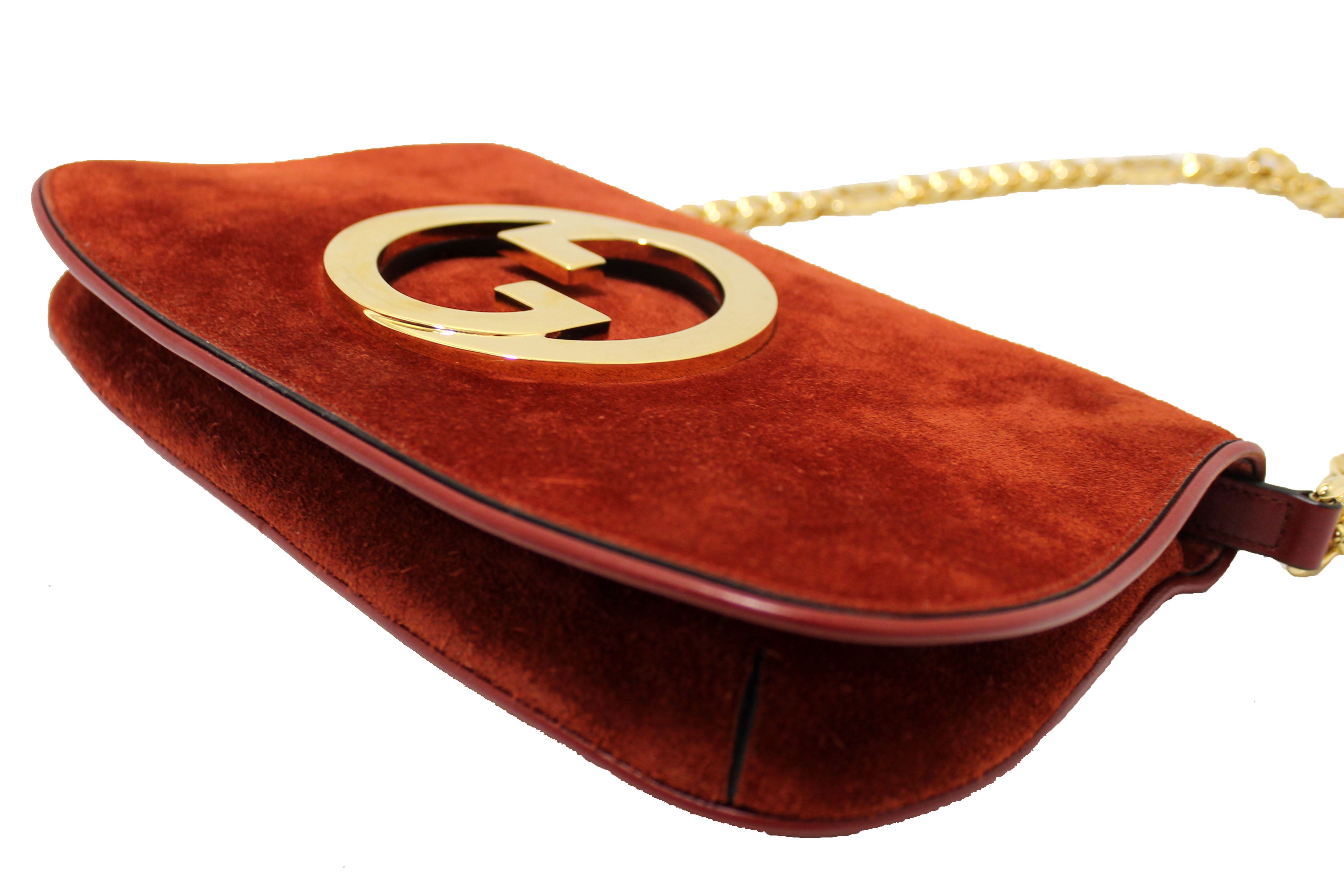 Authentic Gucci Blondie Red Suede Talco Roxy Calfskin Blondie Chain Shoulder Flap Bag
