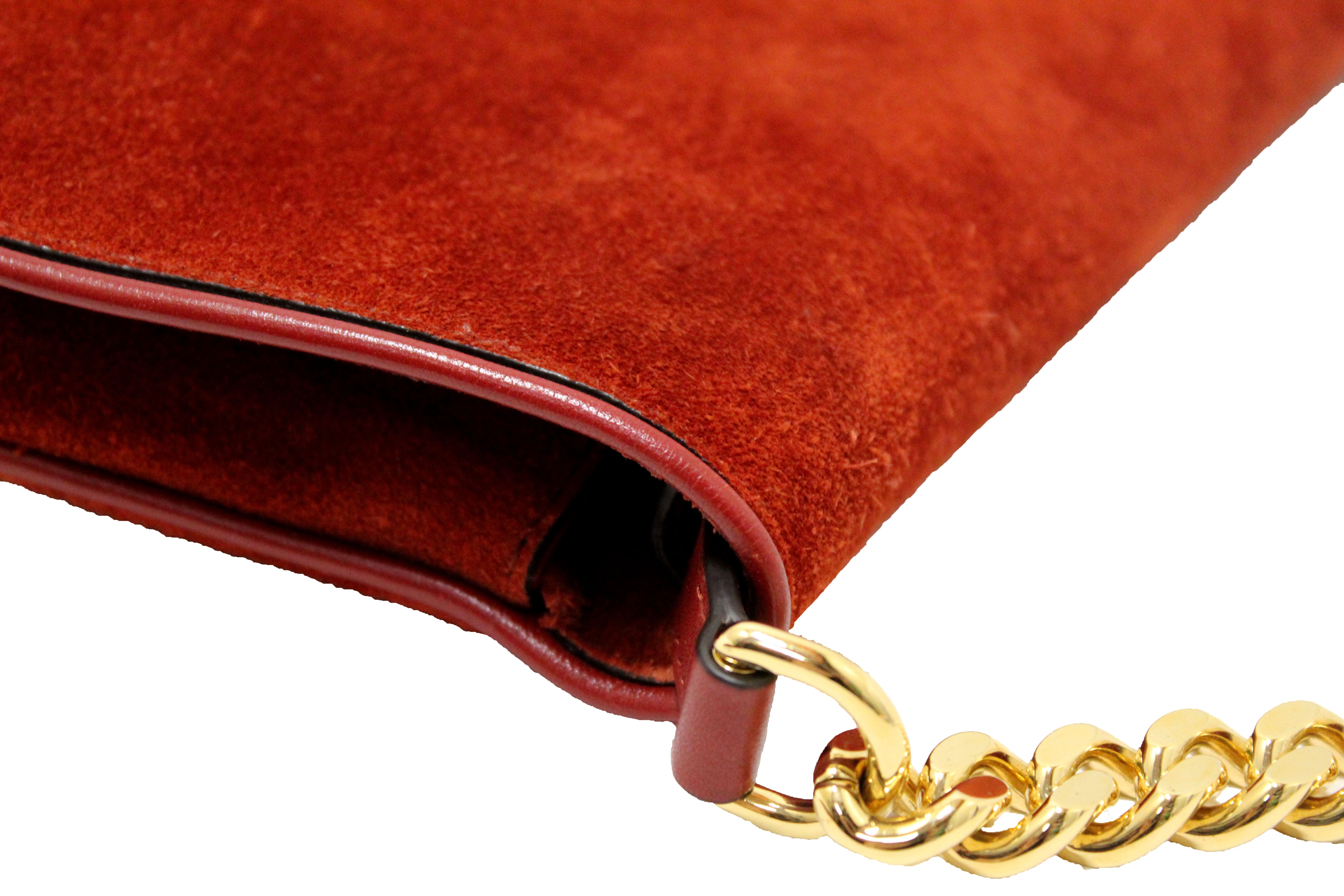 Authentic Gucci Blondie Red Suede Talco Roxy Calfskin Blondie Chain Shoulder Flap Bag