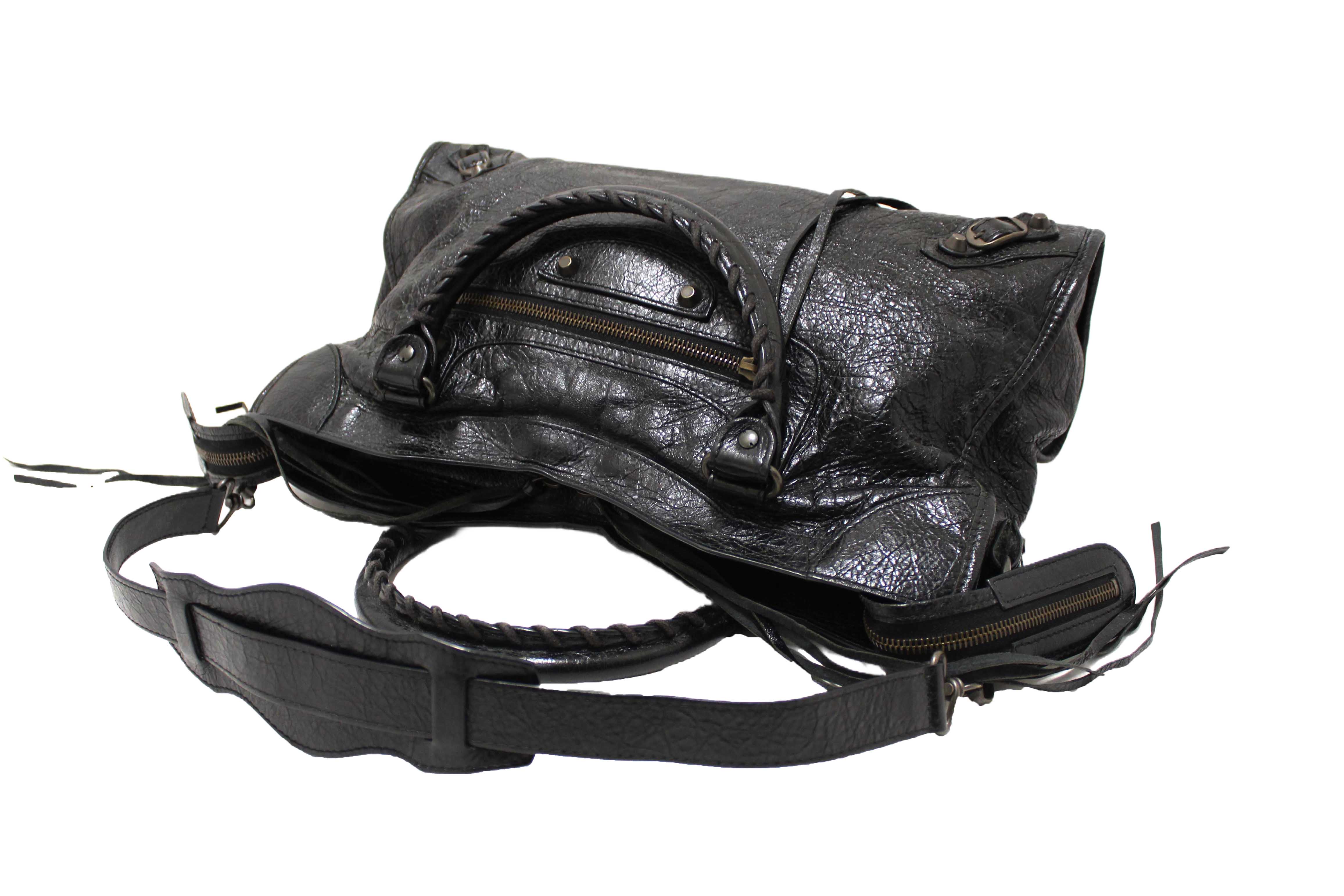 Authentic Balenciaga Black Classic City Lambskin Leather Shoulder Bag