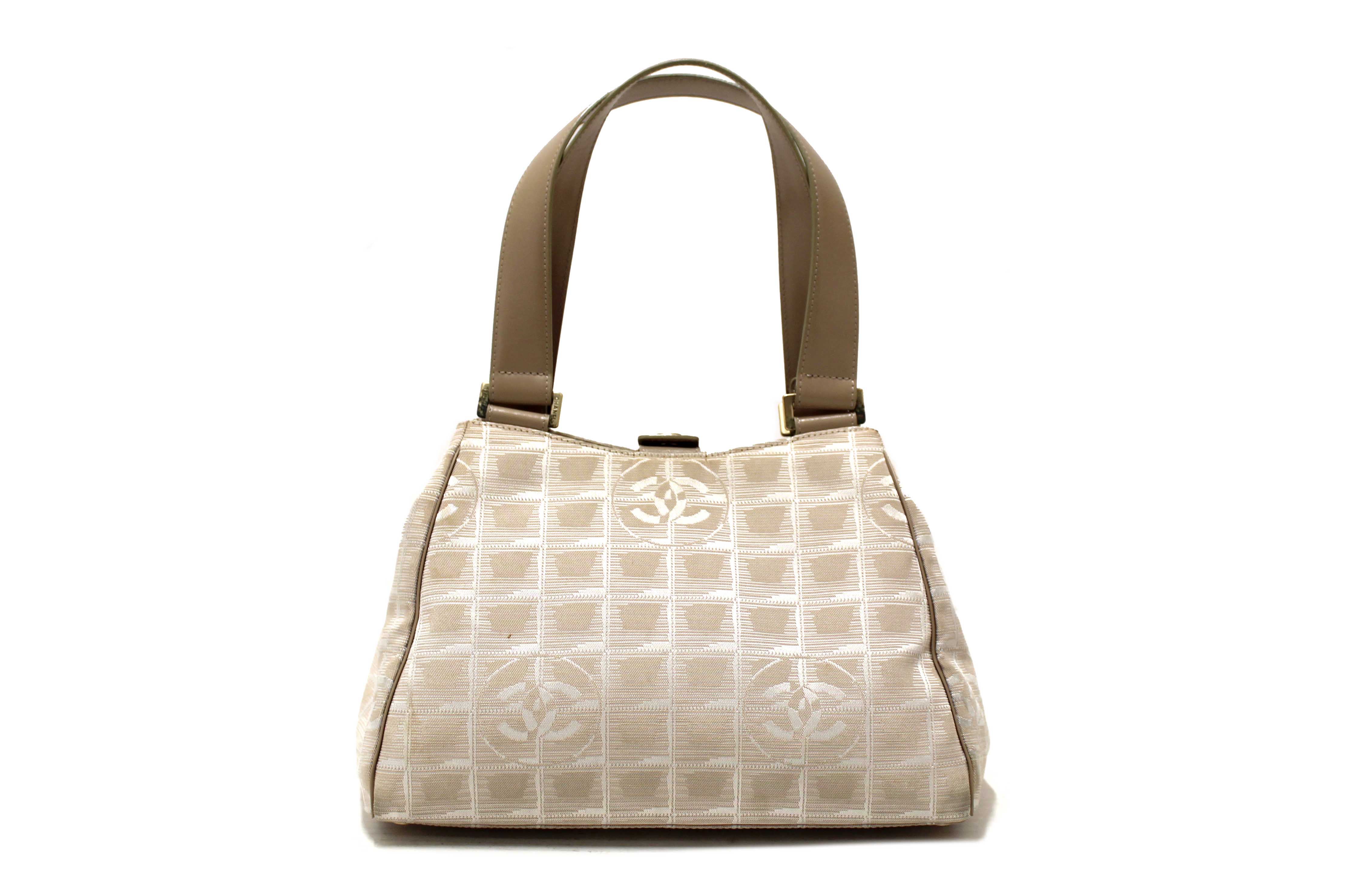 Authentic Chanel Vintage Beige Nylon CC Logo Travel Line Small Shoulder Bag