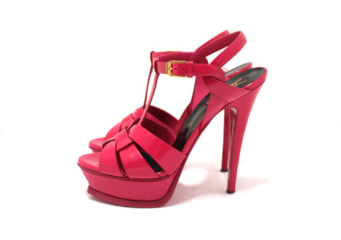 Authentic Yves Saint Laurent YSL Pink Patent Leather Tribute Platform Sandals Size 37