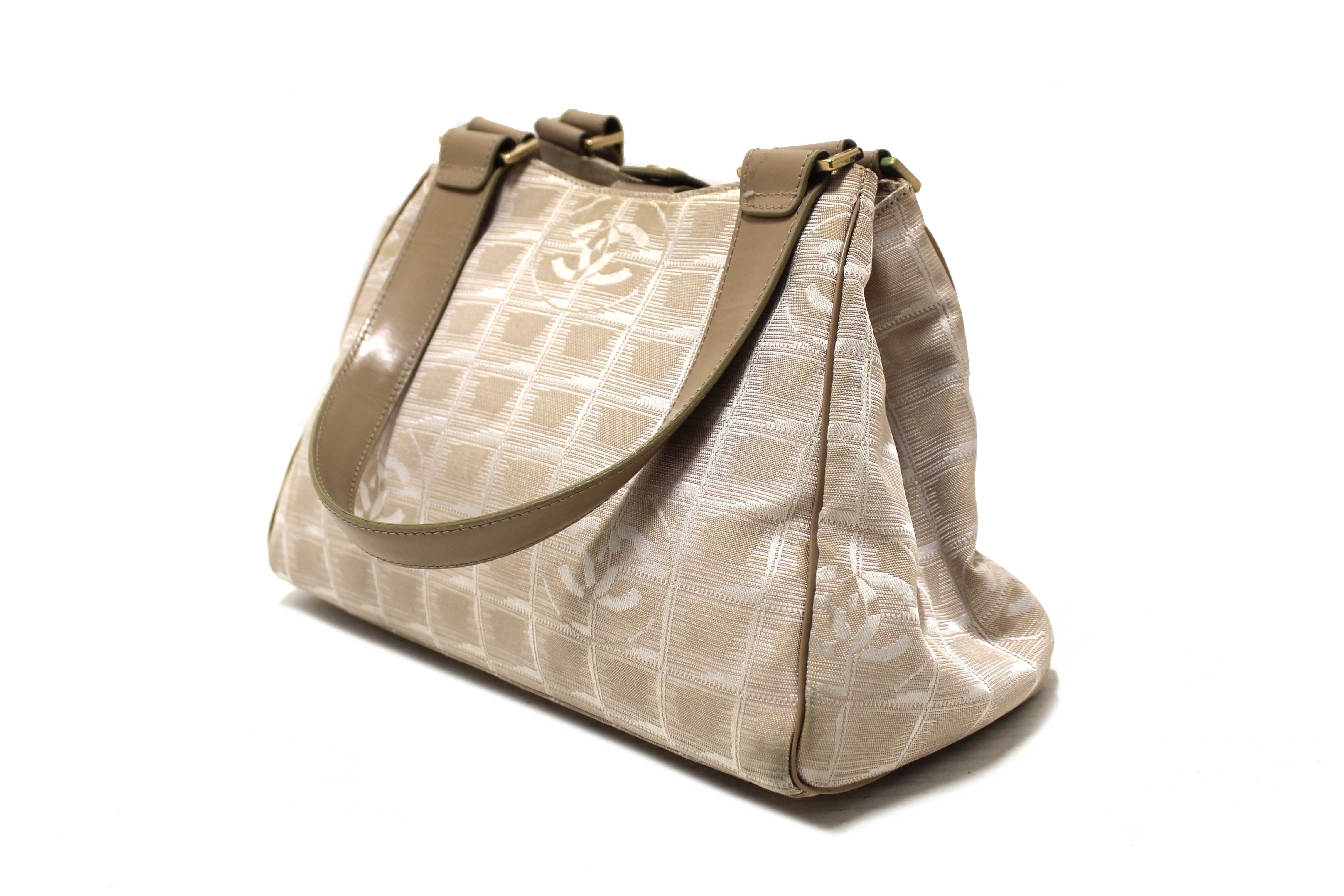 Authentic Chanel Vintage Beige Nylon CC Logo Travel Line Small Shoulder Bag