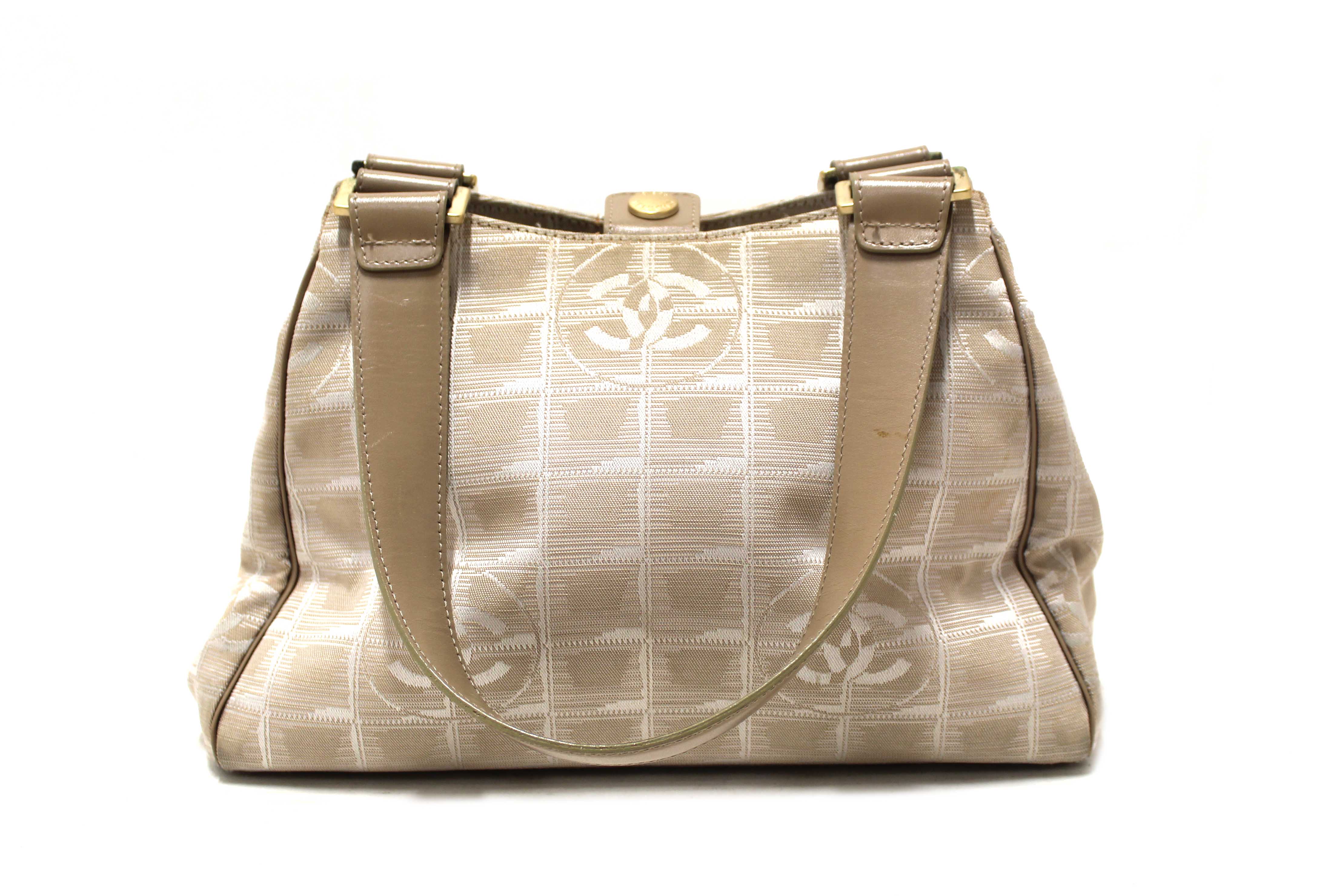 Authentic Chanel Vintage Beige Nylon CC Logo Travel Line Small Shoulder Bag